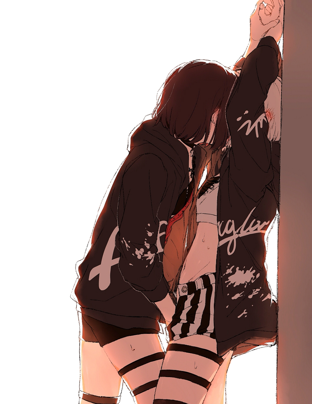 aoba moca, mitake ran, bang dream!, highres, 2girls, arms up, black hair, blush, ear blush, fingering, hand in panties, implied kiss, kalsept, multiple girls, navel, open clothes, open shorts, panties, short hair, shorts, stomach, striped, striped shorts, sweat, underwear, yuri, 