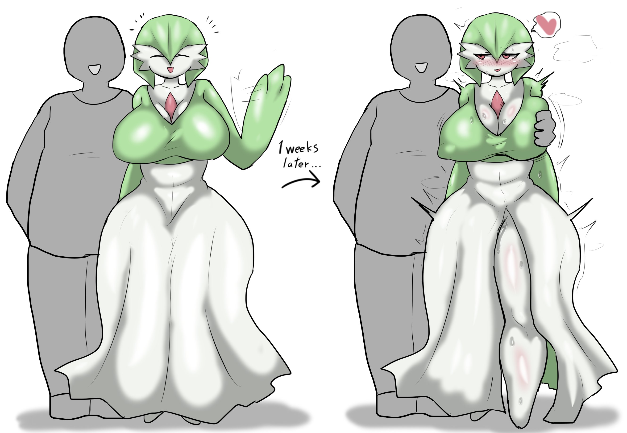 enigi09, gardevoir, nintendo, absurd res, hi res, white background, 1boy, 1girls, breast grab, breasts, cleavage, female, female focus, green hair, large breasts, nipple bulge, pokemon, red eyes, thighs, wide hips, 