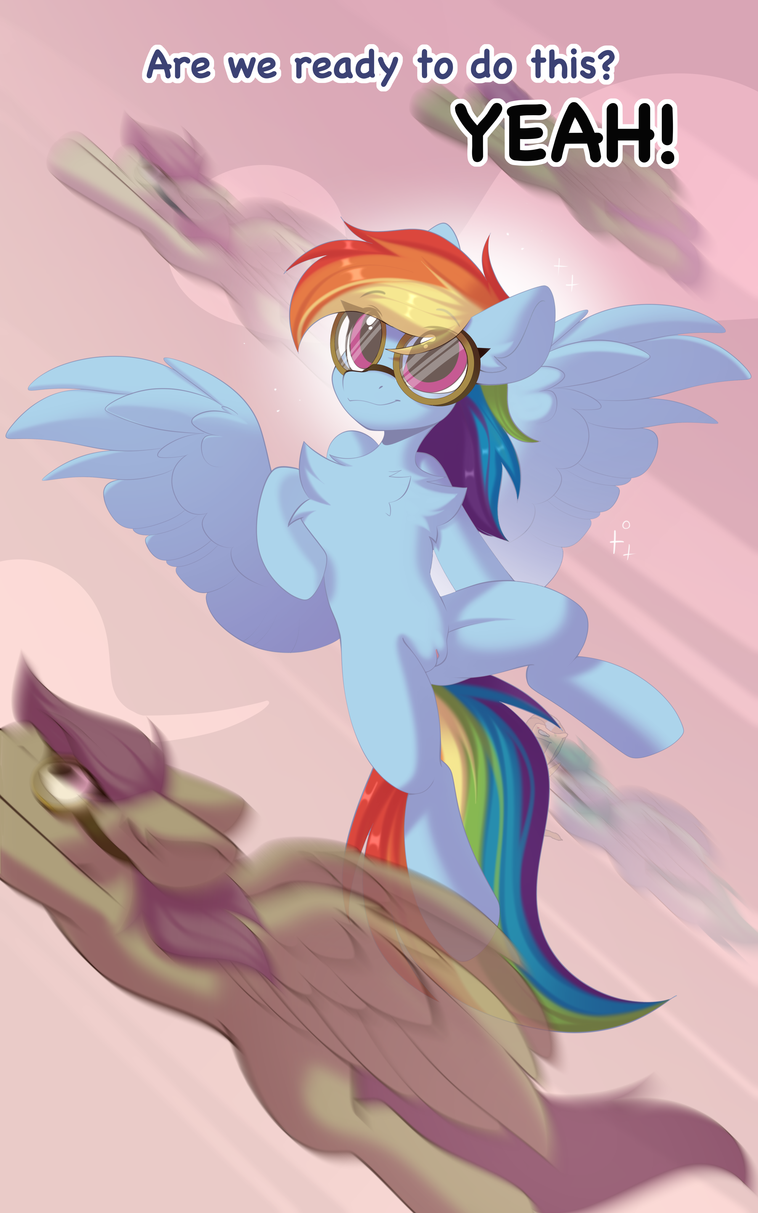 rainbow dash (mlp), friendship is magic, hasbro, my little pony, absurd res, english text, hi res, text, blue body, blue feathers, blue fur, equid, equine, eyewear, feathered wings, feathers, female, feral, fur, genitals, goggles, group, keetch10, mammal, pegasus, pussy, wings, 