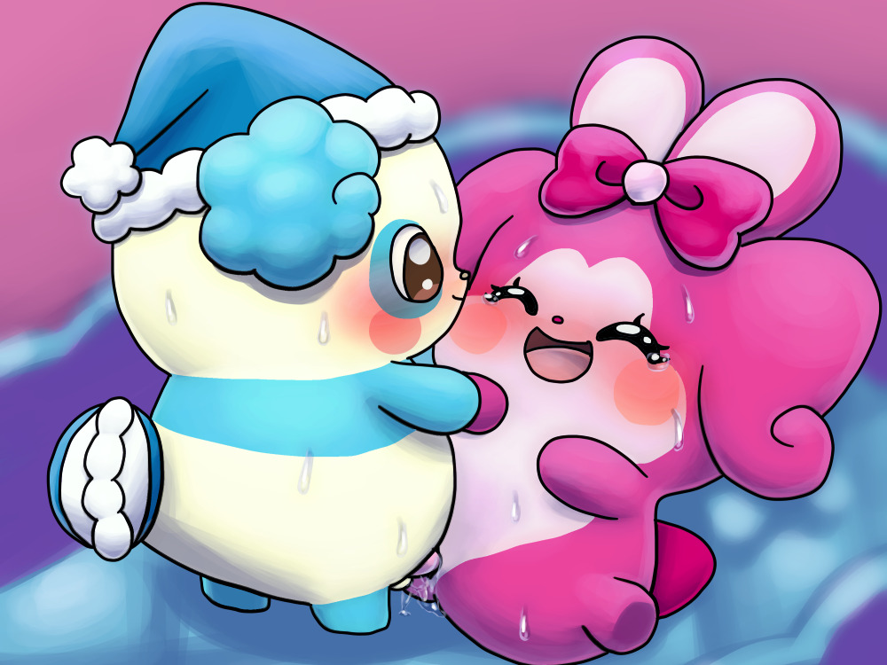 ribbon (cocotama), cocotama, hirake! cocotama, 4:3, anthro, anthro on anthro, blue fur, blush, bodily fluids, brown eyes, female, fur, male, mammal, open mouth, penetration, penis, pillow (cocotama), pink fur, pussy, ribbons, semi-anthro, sex, straight, sweat, tears, vaginal penetration, white fur, 九尾, 