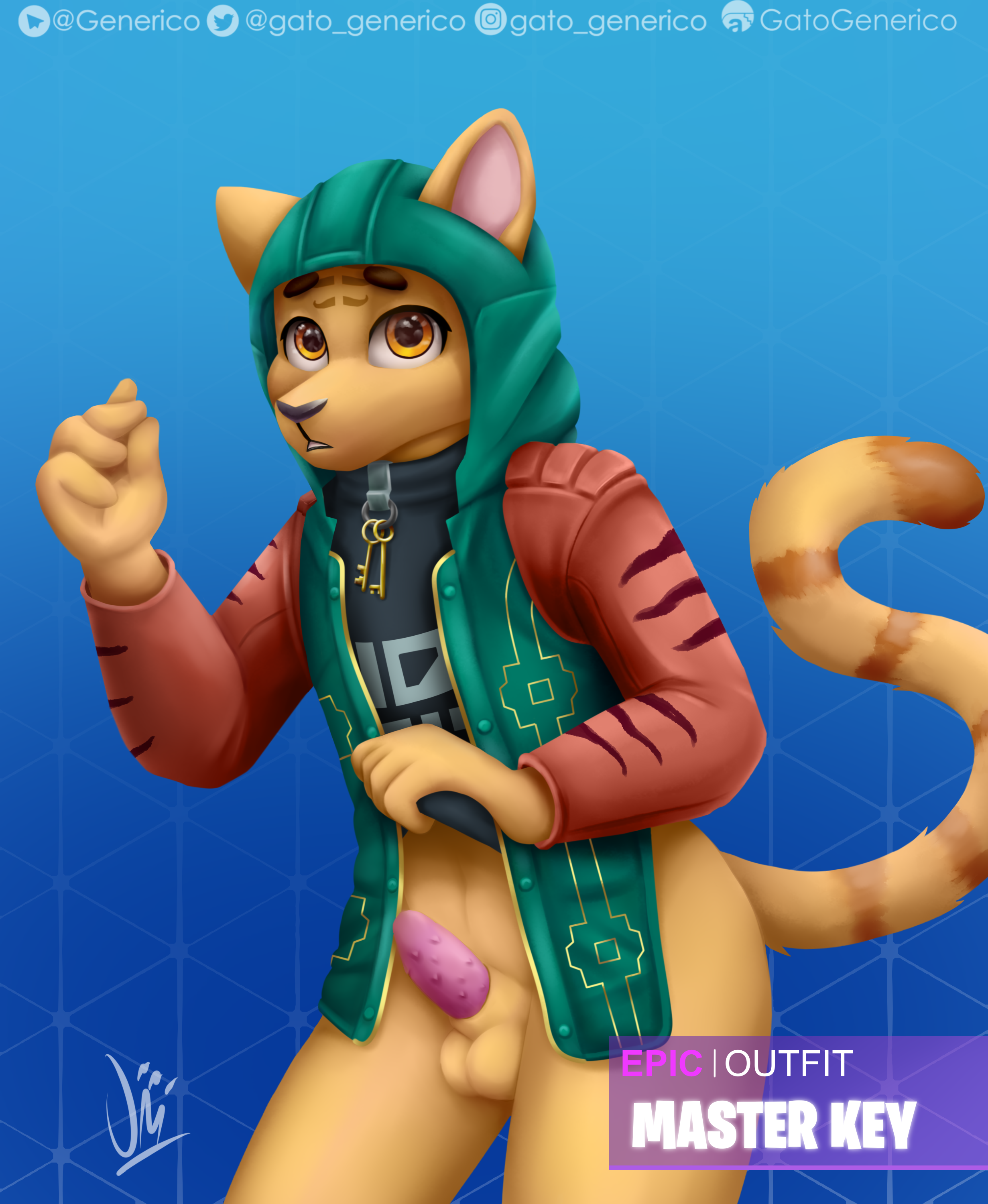 gatogenerico, epic games, fortnite, 2019, digital media (artwork), hi res, animal genitalia, animal penis, clothed, clothing, felid, feline, feline penis, fur, furry, girly, grabbing shirt, hoodie, jacket, looking at viewer, male, mammal, master key, pantherine, penis, shirt, shy, tiger, topwear, video games, yellow fur, 