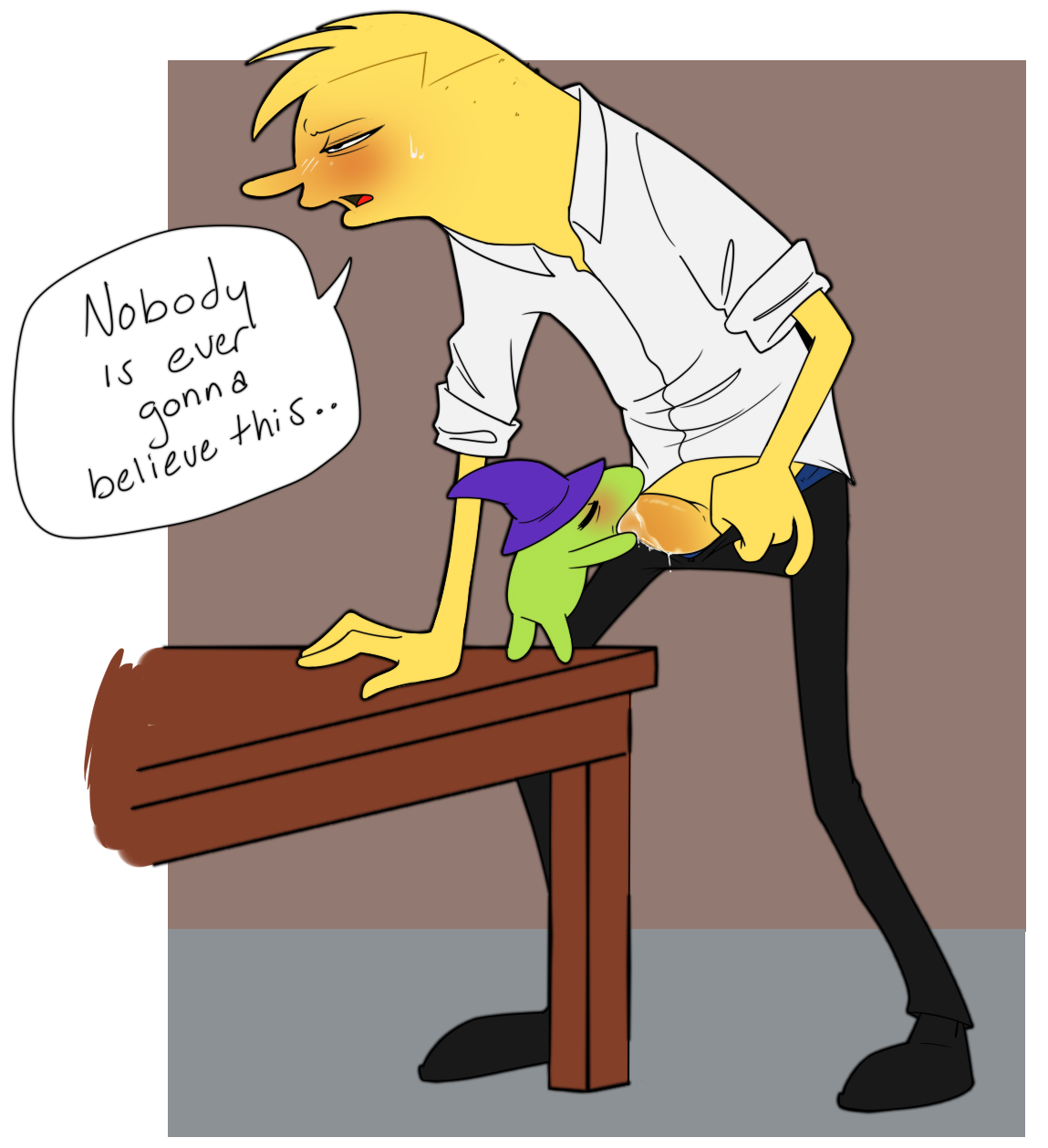 2boys adult_swim background_character bigger_male blowjob blush critter critter_(smiling_friends) dead_source gay glep_(smiling_friends) green_body hat male male/male opedealer oral_sex pants_down penis size_difference skinny smaller_male smiling_friends sucking_penis sweatdrop table tentacle_penis toony unnamed_character wizard_hat yaoi yellow_body