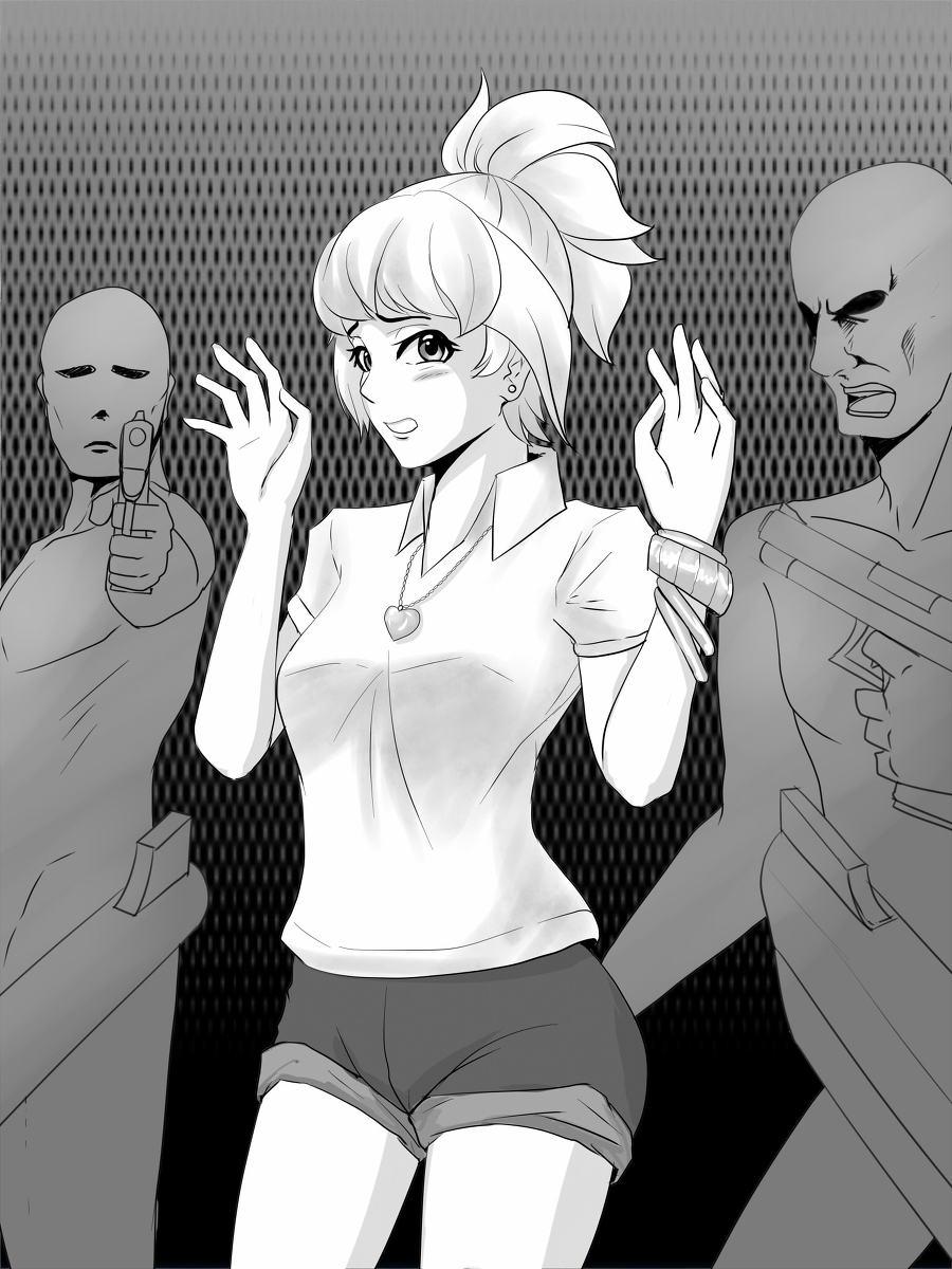 veiled616, monochrome, source request, 1girls, 2boys, arms up, at gunpoint,...