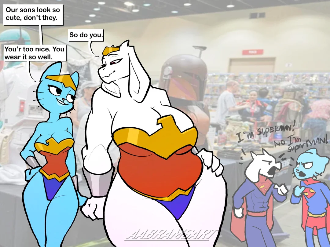 2girls aabramsart anthro argument asriel_dreemurr bedroom_eyes big_breasts big_thighs blue_body blue_fur bracelet breasts catgirl convention cosplay crown dc_comics dialogue english_text eyeliner female flirting floppy_ears fur furry furry_female goat_girl group gumball_watterson headgear huge huge_breasts huge_thighs jewelry large_breasts large_thighs larger_female lolicon losercity makeup male mammal mammal_humanoid mother_and_child mother_and_son narrowed_eyes nicole_watterson overweight overweight_female photo_background pink_nose real_life_background reddit reddit_link seductive size_difference slightly_chubby slightly_chubby_female small_waist speech_bubble standing super_hero superman superman_(cosplay) text the_amazing_world_of_gumball thick_thighs tiara toriel undertale undertale_(series) whiskers white_body white_fur wide_hips wonder_woman wonder_woman_(cosplay) young