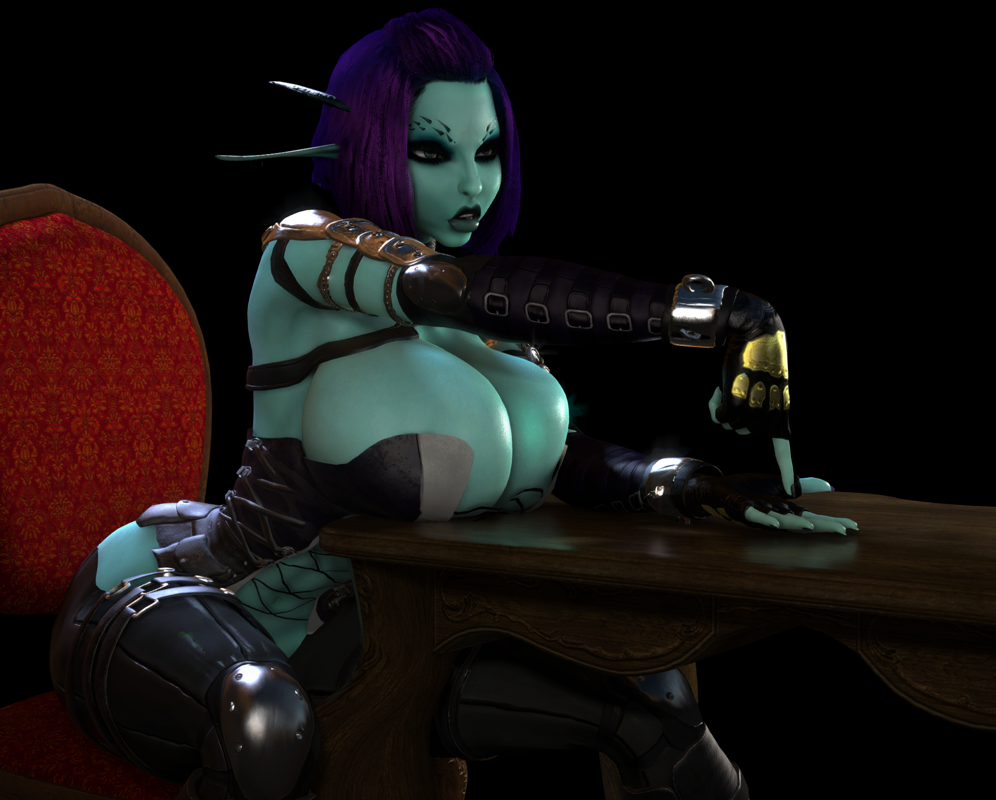 1girls 3d 3d_(artwork) ass big_ass blue_body blue_skin breasts chair cleavage clothed clothed_female corset demanding female female_only fingerless_gloves gloves heterochromia hi_res high_resolution highres huge_ass huge_breasts large_ass leaning_forward long_ears long_pointy_ears pointy_ears purple_hair sitting solo solo_female soria table unreal_tournament vaako