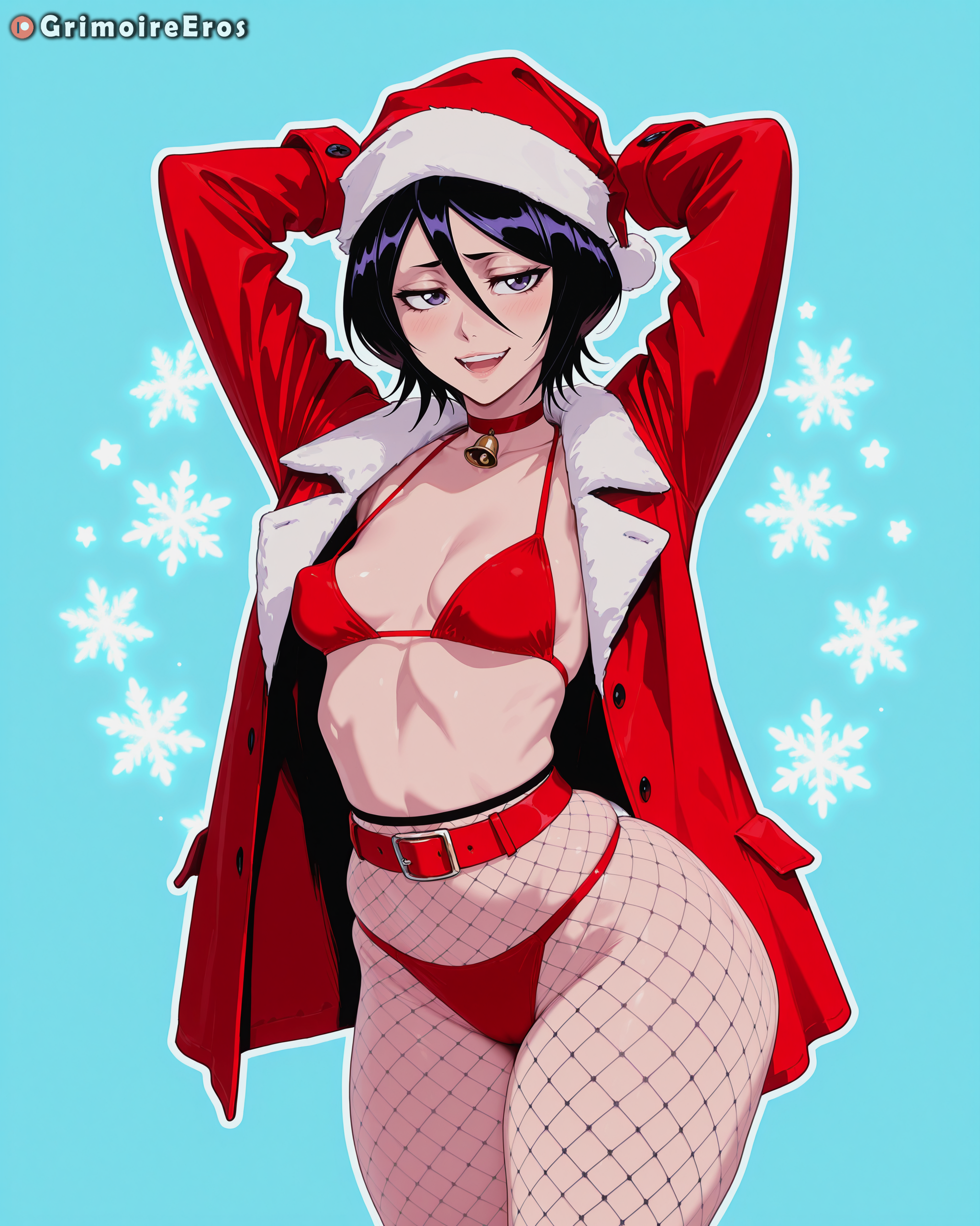 ai_generated arms_behind_head arms_up artist_name bell belt bikini black_hair bleach blue_background blush breasts choker christmas collar female fishnet_pantyhose fishnets fur_trim grimoireeros hair_between_eyes hat high-waist_pantyhose jacket kuchiki_rukia looking_at_viewer navel neck_bell open_clothes open_mouth pantyhose patreon_username purple_eyes red_belt red_bikini red_choker red_headwear santa_bikini santa_costume santa_hat short_hair simple_background small_breasts smile snowflake_background snowflakes solo swimsuit teeth upper_teeth_only wide_hips