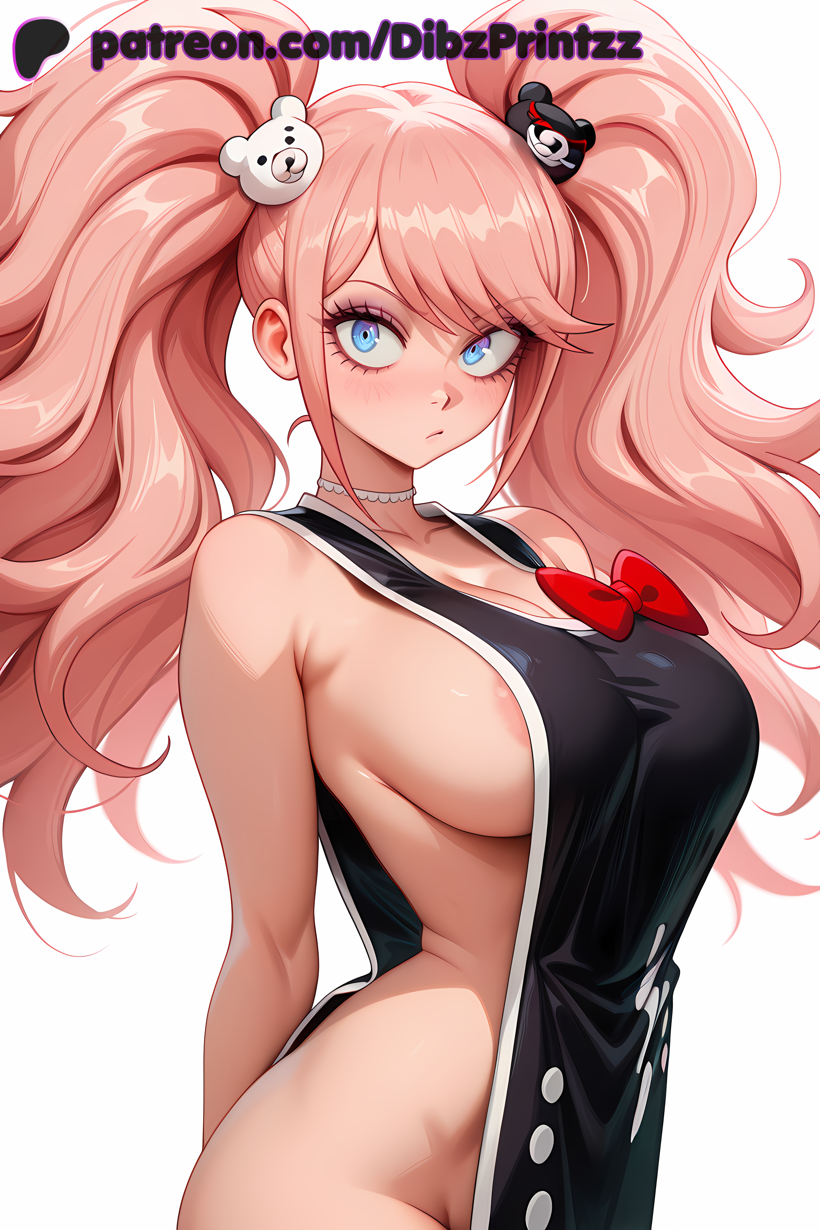 1girls ai ai_assisted ai_generated anime areola_slip arms_behind_back artist_name bare_shoulders bear_hair_ornament big_hair blue_eyes blush bow breasts choker cleavage closed_mouth collarbone danganronpa danganronpa:_trigger_happy_havoc dibzprintz enoshima_junko female hair_ornament hi_res high_quality high_resolution highres junko_enoshima large_breasts long_hair looking_at_viewer naked_apron patreon_logo patreon_username pink_hair red_bow sideboob simple_background solo twintails watermark web_address white_background