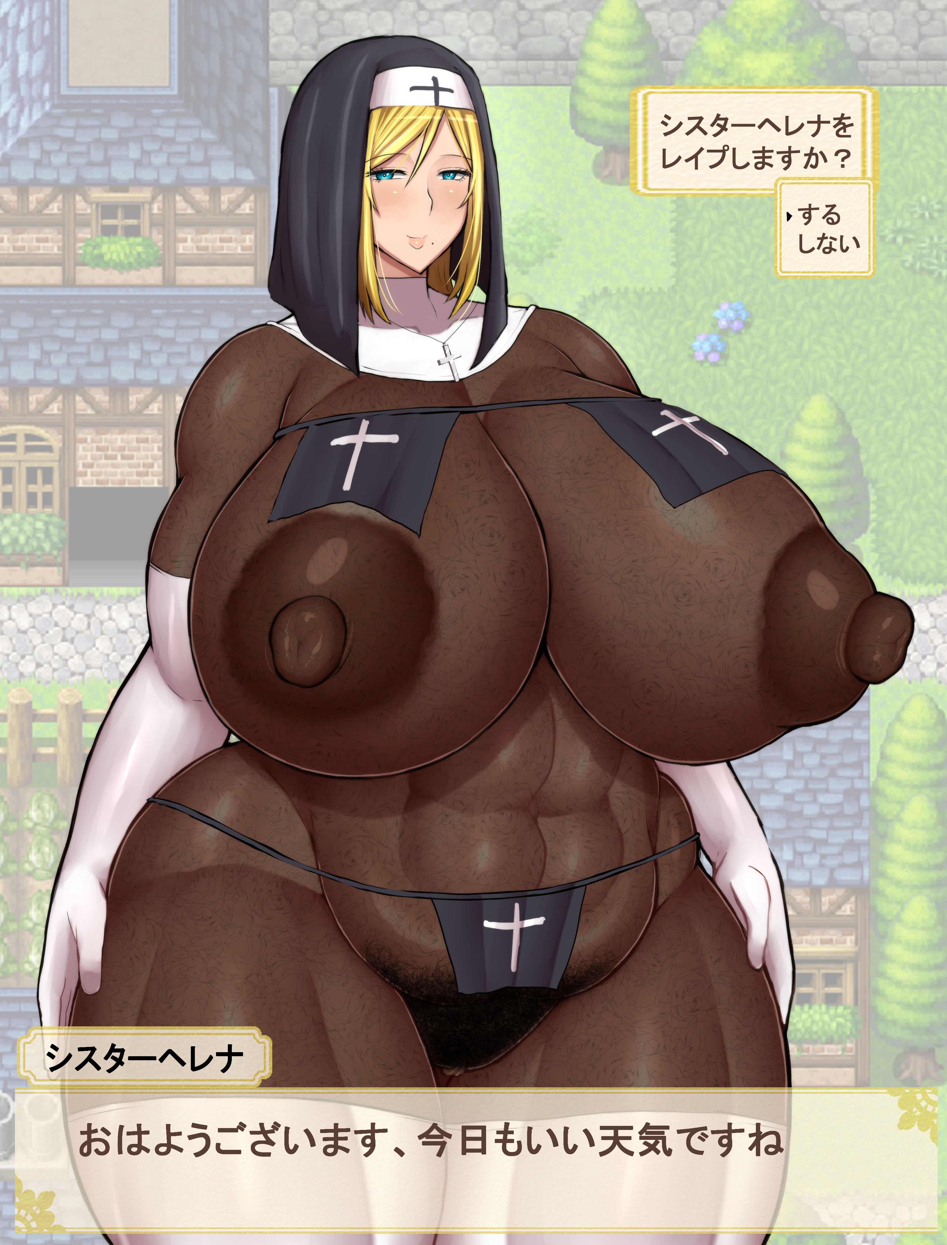 1female 1girl 1girls abs arm_gloves armwear barely_clothed barely_covered biceps big_nipples black_pubic_hair blonde blonde_female blonde_hair blonde_hair_female blue_eyes blue_eyes_female bodysuit breast_curtains breasts breasts_bigger_than_head breasts_bigger_than_torso brown_areola brown_areolae brown_nipples bushy_pubes cross_necklace dark_areola dark_areolae dark_nipples enormous_breasts enormous_thighs eyes_open facing_viewer fat_breasts female female_focus female_only female_pubic_hair gigantic_areola gigantic_areolae gigantic_breasts gigantic_thighs hairy_pussy huge_areola huge_areolae huge_breasts huge_nipples huge_thighs huge_tits ineffective_clothing japanese_language japanese_text large_areola large_areolae large_breasts large_nipples large_thighs large_tits legwear loincloth looking_at_viewer massive_areolae massive_breasts massive_nipples massive_thighs massive_tits mole mole_(marking) mole_under_mouth mostly_nude mostly_nude_female musclegut muscular muscular_legs muscular_thighs nun nun's_habit nun_habit nun_hat nun_outfit oc open_eyes original original_character outdoor_nudity outdoors outdoors_nudity outside partially_clothed partially_clothed_female plump plump_breasts pointless_clothing ponkotsuu pubes pubes_exposed pubic pubic_hair pubic_hair_peek pubic_mound puffy_areola puffy_areolae puffy_nipples pussy pussy_hair revealing revealing_clothes revealing_clothing revealing_outfit see-through see-through_clothes see-through_clothing sister_helena_(ponkotsuu) skimpy skimpy_clothes skimpy_outfit skin_tight skin_tight_outfit skin_tight_suit skintight skintight_bodysuit skintight_clothing skintight_suit smile smile_at_viewer smiling smiling_at_viewer solo solo_female solo_focus standing standing_position staring staring_at_viewer stockings text thick thick_breasts thick_female thick_thighs thigh_highs thighhighs thighs_bigger_than_head thighs_bigger_than_torso thunder_thighs thunderthighs tight_clothes tight_clothing tight_fit tights toned_legs translation_request transparent transparent_clothing undersized_clothes useless_clothing variant variant_set voluptuous voluptuous_body voluptuous_female wardrobe_malfunction white_armwear white_legwear white_stockings white_thigh_highs white_thighhighs