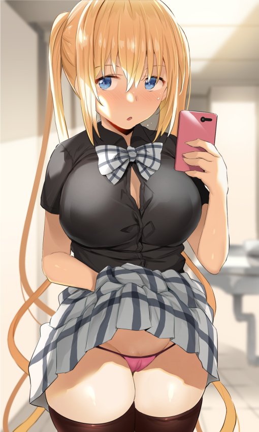 noripachi, hinata kaho, blend s, 1girls, big breasts, blonde hair, blue eyes, breasts, cameltoe, cleavage, female, female only, large breasts, looking at viewer, panties, phone, selfie, skirt, skirt lift, solo, thighhighs, upskirt, 
