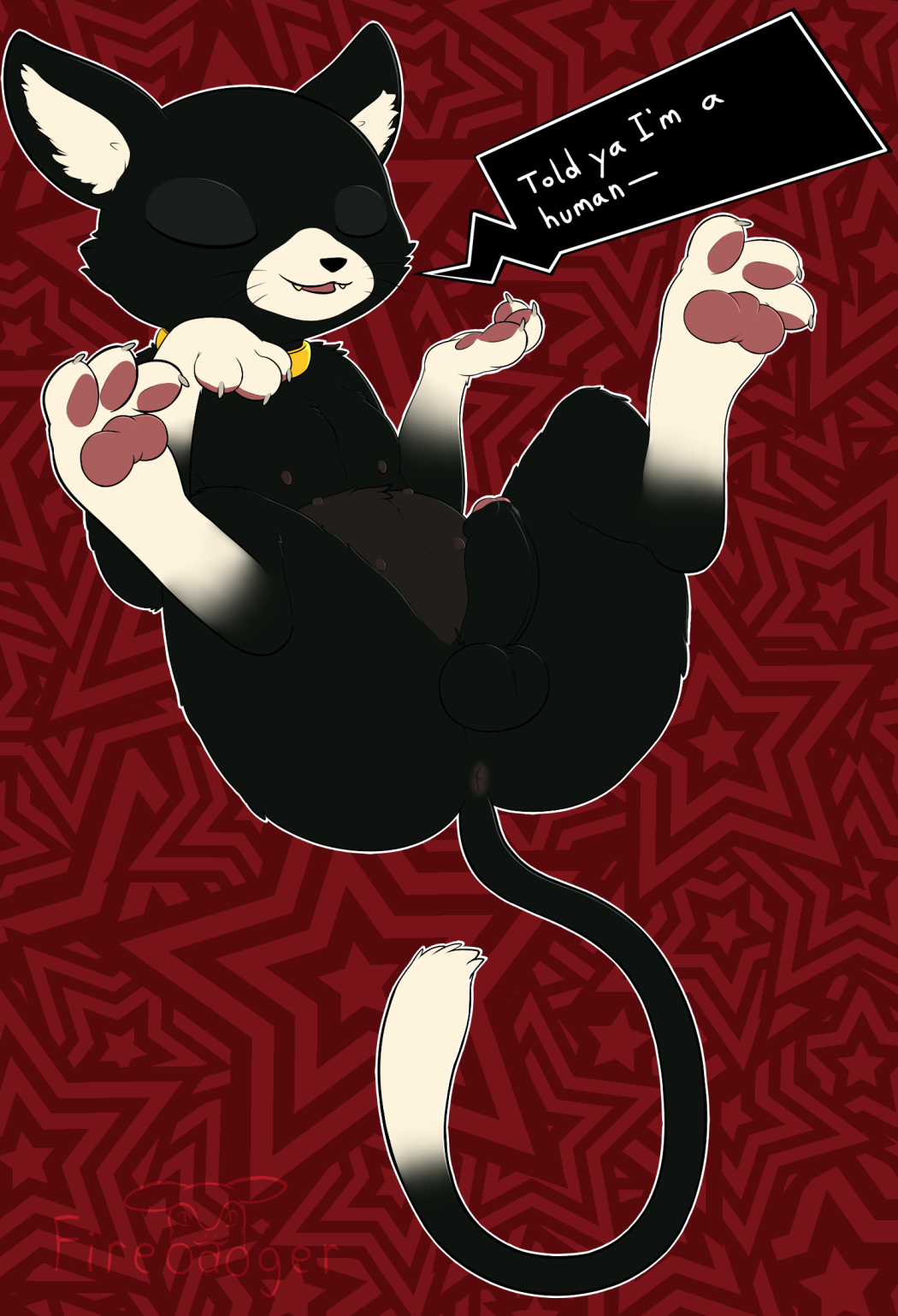 firebadger, morgana (persona), english text, anus, balls, closed eyes, feline, feral, humanoid penis, nipples, penis, 