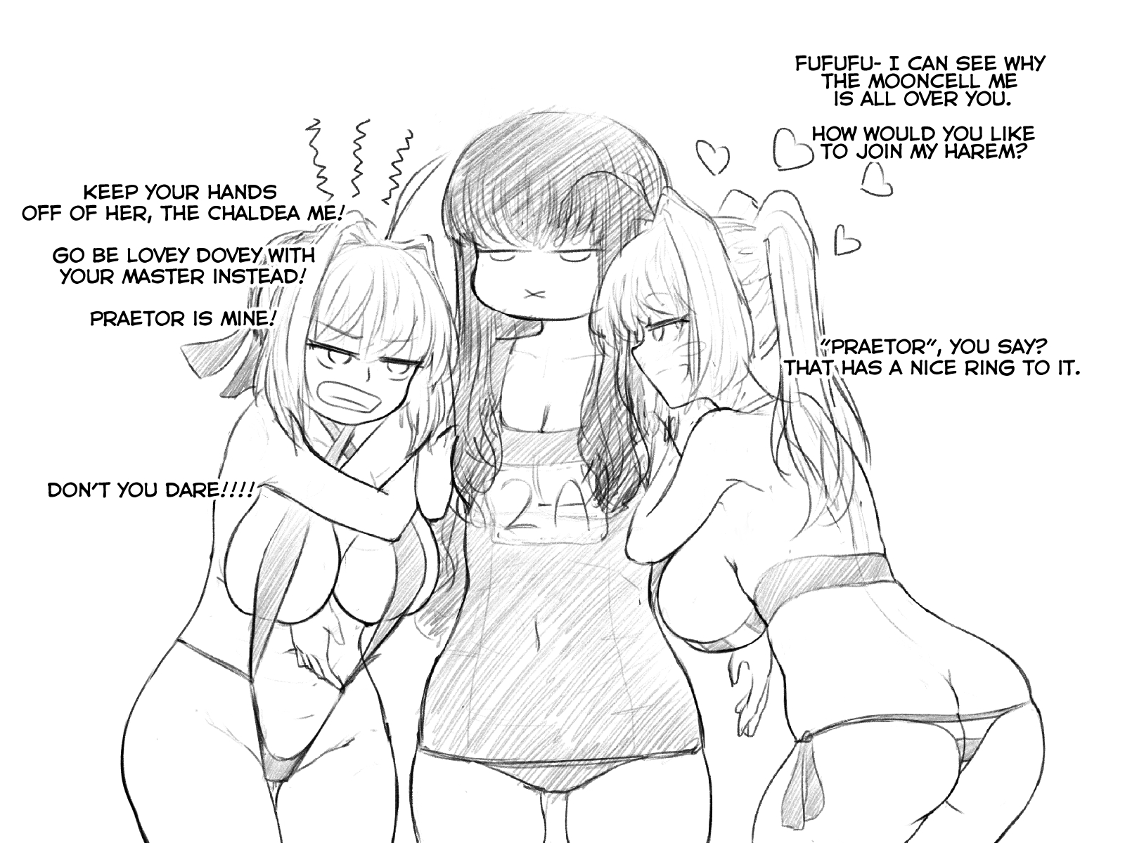 hakuno kishinami, kishinami hakuno (female), nero claudius (fate), nero claudius (swimsuit caster), fate/extra, fate/grand order, fate (series), alternate version available, text, 3girls, alternate breast size, big breasts, bikini, dialogue, female, hakuno kishinami (fate), hakunon (female), steamingtofu, string bikini, swimsuit, 