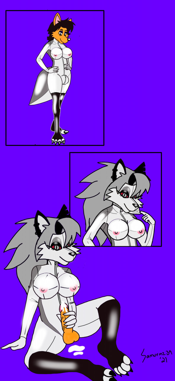 loona (vivzmind), helluva boss, comic, anthro, black body, breasts, cosplay, demon, fox, furry, grey body, grey hair, hair, hellhound, leggings, looking down, male, masturbation, mtf crossgender, nipples, orange fur, penis, red sclera, sinako777, suit, suit transformation, transformation, white body, zipper, 