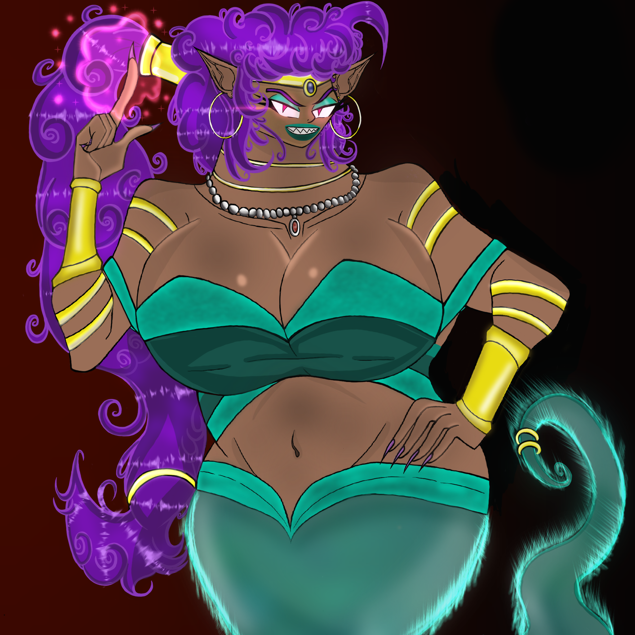 accessory angry_eyebrows ankle_bracelets asian background beam big_breasts black_background bloodhoundghostly0 breasts brown_skin curly_hair dark_pink_eyes demon demon_girl desire devious devious_desires devious_smile deviousdesires digital_drawing_(artwork) digital_media_(artwork) ears evil evil_eyes evil_grin evil_smile eyeliner female female_only finger_pointing genie genie_girl genie_tail genie_wristbands glowing glowing_eyes hand_on_hip harem harem_girl harem_outfit headwear hoop_earrings indian indian_female jewelry long_nails magic magic_user monster monster_girl nail_polish naomi_rajah_sahara_jasmine_sultana naomi_the_genie necklace nickelodeon nicktoons pink_eyes pointy ponytail powerful purple_hair red_background rockymd sharp_teeth solo solo_female tan_skin teal_eyeshadow teal_lipstick the_pixiez_oddparents tricked trickster_mode ubisoft voluptuous voluptuous_female wide_hips wish