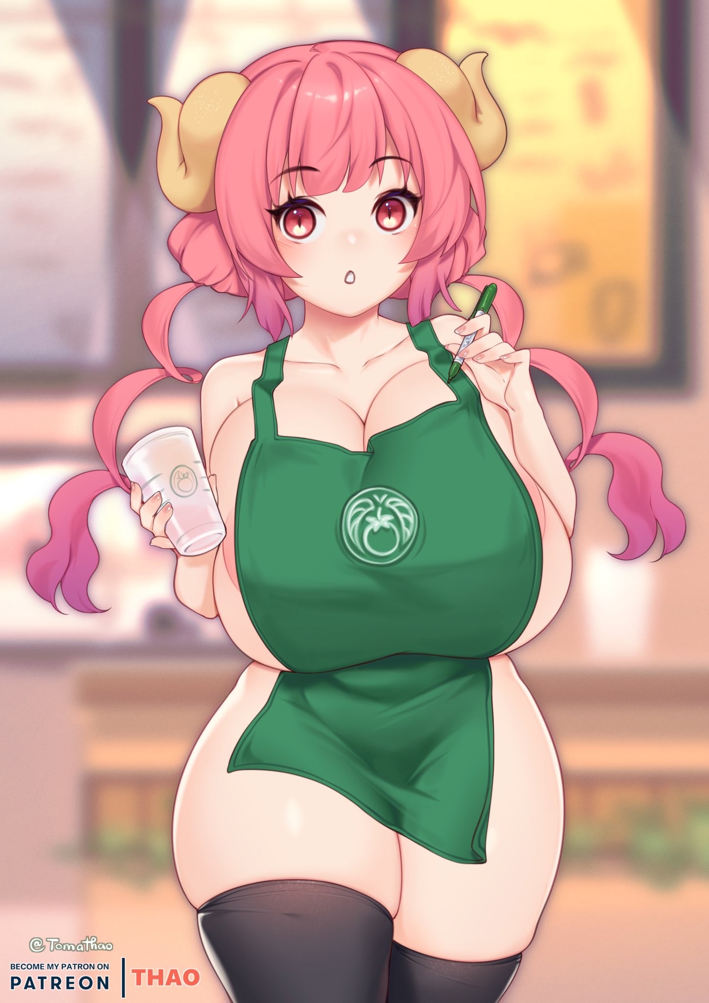 tomathao, apron, huge breasts, iced latte with breast milk, ilulu (dragon m...