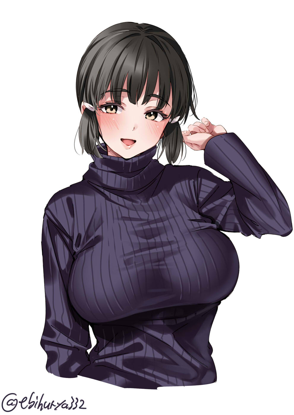 ebifurya, myoukou (kantai collection), kantai collection, highres, simple background, twitter username, white background, black hair, blush, breasts, brown eyes, cropped torso, female, hair ornament, hairclip, hand up, large breasts, long sleeves, looking at viewer, mature female, milf, one-hour drawing challenge, open mouth, short hair, sidelocks, smile, solo, sweater, turtleneck, turtleneck sweater, upper body, 