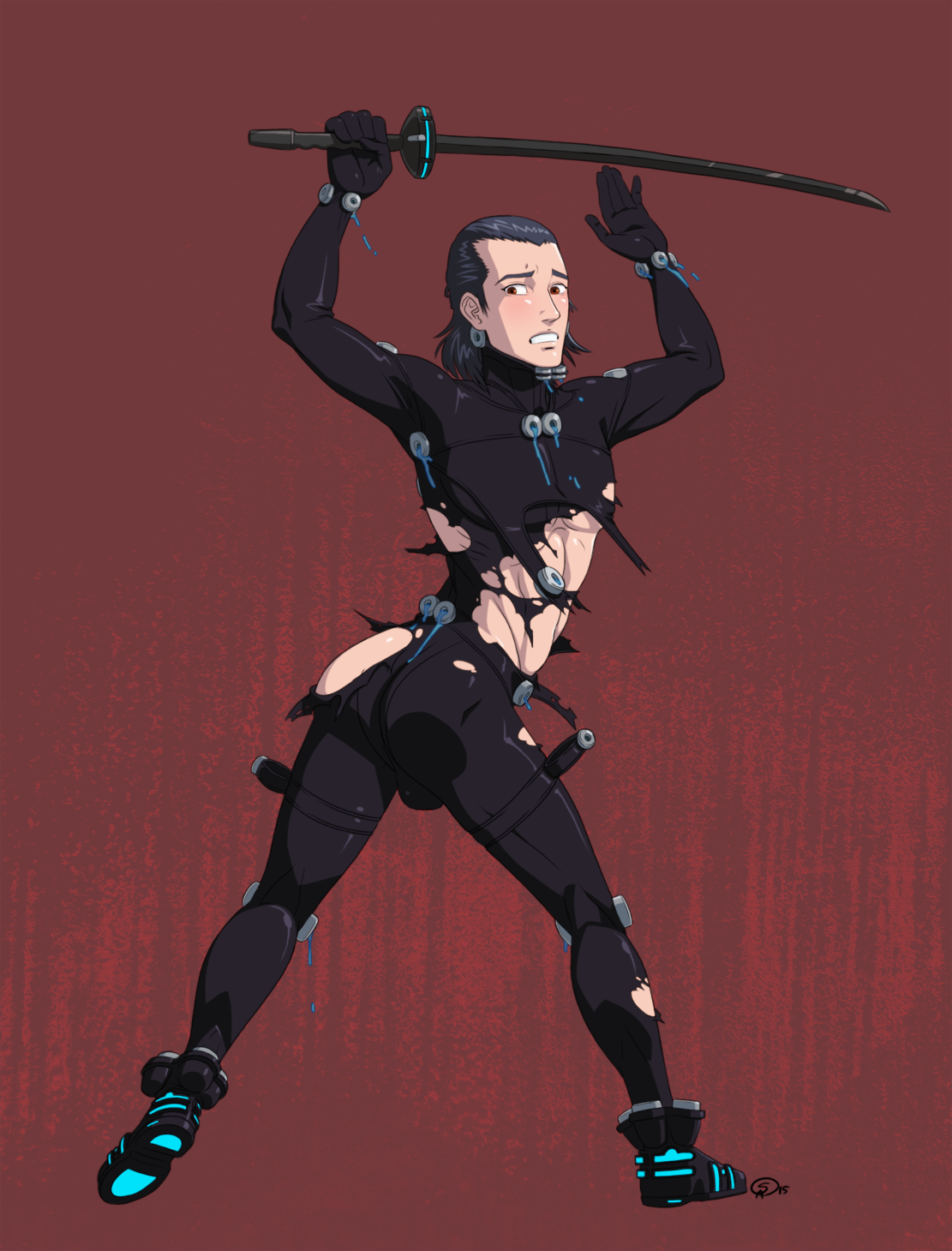 gantzcraziness, gantz, arms up, backsack, black hair, blush, bodysuit, bulge, clenched teeth, embarrassed, full body, gantz suit, katana, latex, latex suit, looking at viewer, looking back, male, male only, masaru kato, nervous, rear view, skin tight, slicked back hair, solo, standing, sword, tight clothing, torn bodysuit, torn clothes, weapon, 