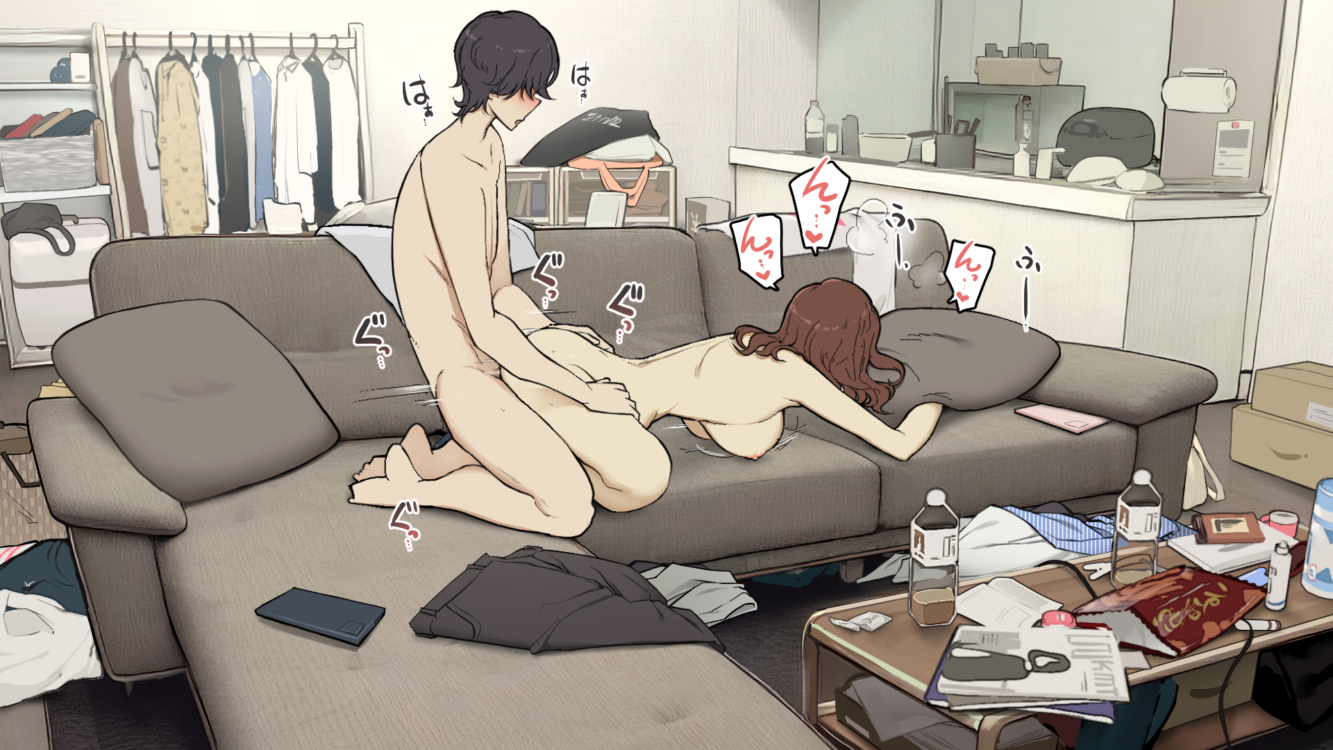 1boy bag black_hair bottle breasts brown_hair commentary_request couch doggy_style female hanging_breasts highres indoors large_breasts magazine_(object) male moaning nipples on_couch original sex sex_from_behind short_hair straight table torso_grab unworn_clothes wakamatsu372