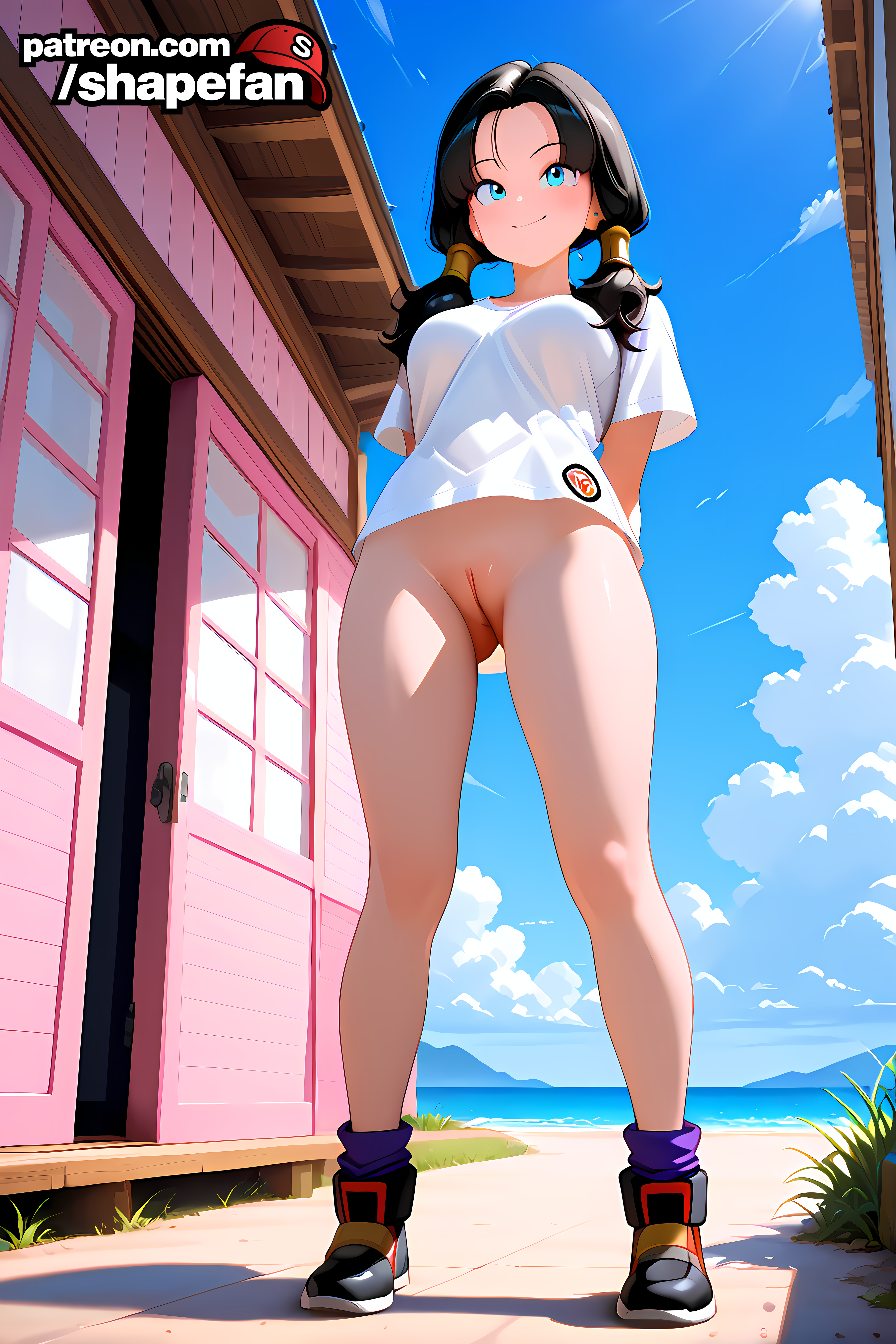 2025 absurd_res absurdres ai-created ai-generated ai_art ai_generated arms_behind_back athletic_female beach black_hair blue_eyes blue_sky bottomless breasts bust chest cute dragon_ball dragon_ball_z female female_only fit_female from_below grass hi_res high_quality high_resolution kame_house medium_boobs medium_breasts medium_tits no_pants ocean pussy sand shapefan shirt shoes skinny_female sky smile smiling stable_diffusion tagme uncensored vagina videl videl_(dragon_ball_z) videl_at_the_kame_house_(shapefan) white_shirt