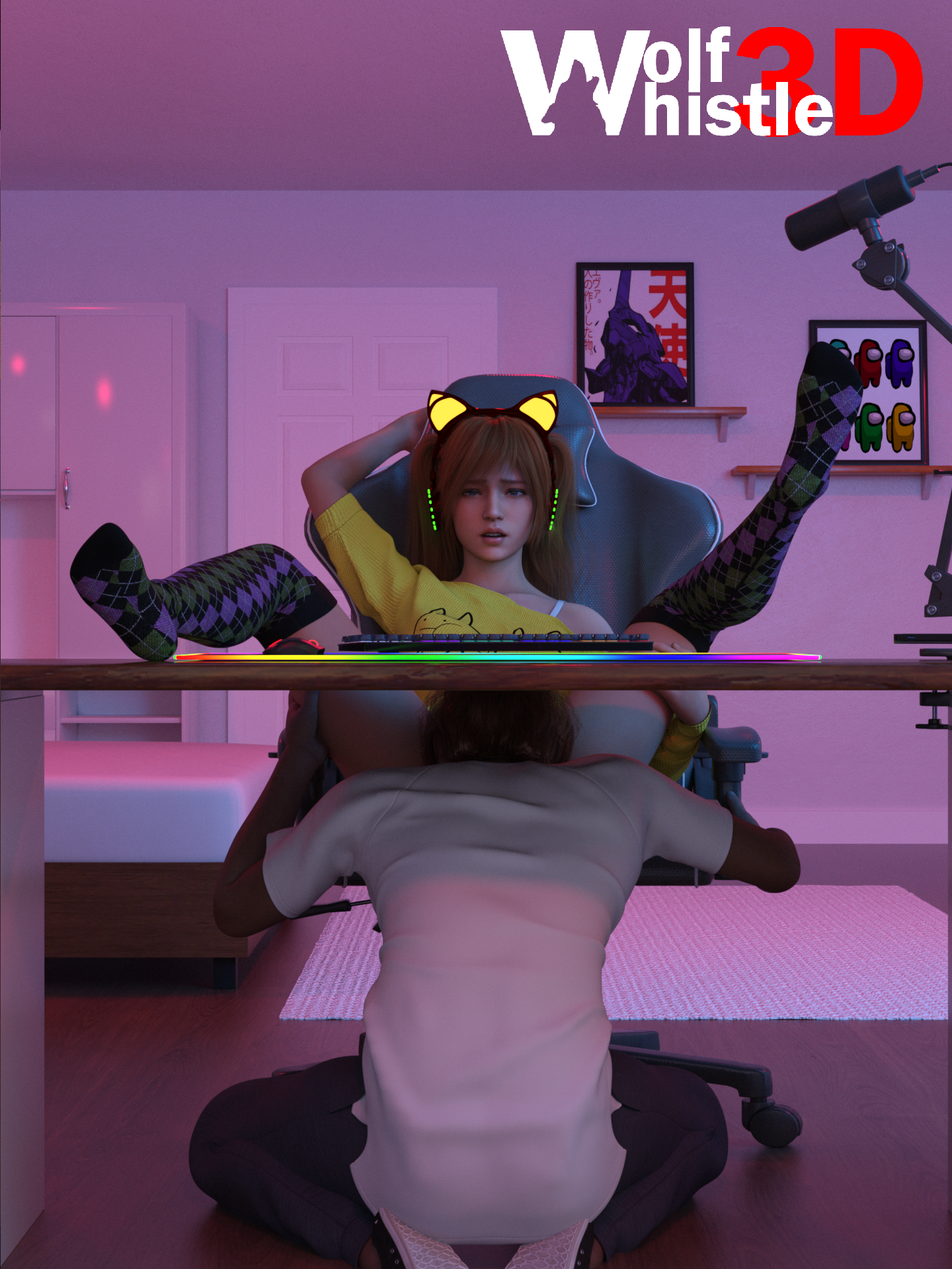 asuka langley sohryu, shinji ikari, neon genesis evangelion, bedroom, bedtoom, brown hair, cunninglingus, keyboard, mousepad, red hair, sweater, thighhighs, twintails, wolfwhistle3d, 