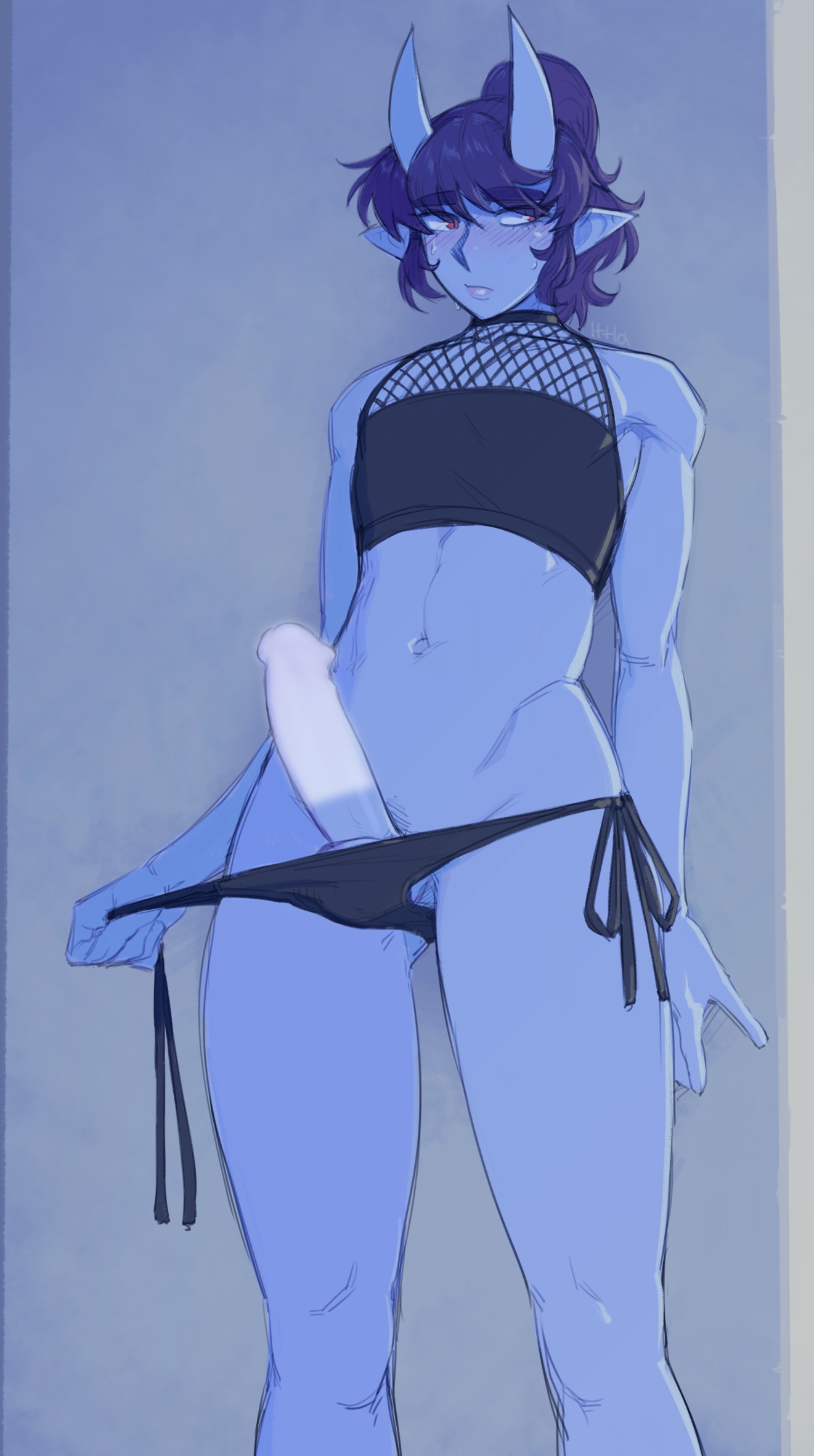 ittla, kyou (ittla), original, highres, 1boy, abs, ass visible through thighs, bikini, blue skin, blush, bulge, embarrassed, erection, eyebrows visible through hair, halterneck, horns, looking to the side, male focus, navel, oni, otoko no ko, penis, purple hair, shirt, solo, sweat, swimsuit, undressing, 