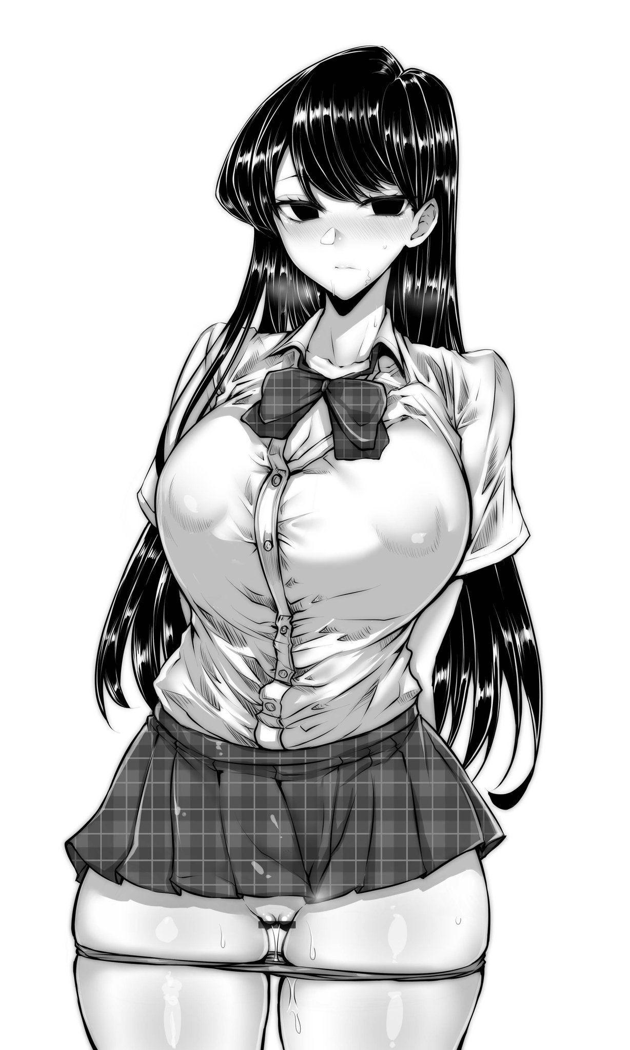 gggg, komi shouko, komi-san wa komyushou desu, big breasts, black hair, dripping pussy, exposed pussy, female, large areolae, large breasts, long hair, panties around leg, panties down, school uniform, schoolgirl, series:, thick thighs, tight clothing, 