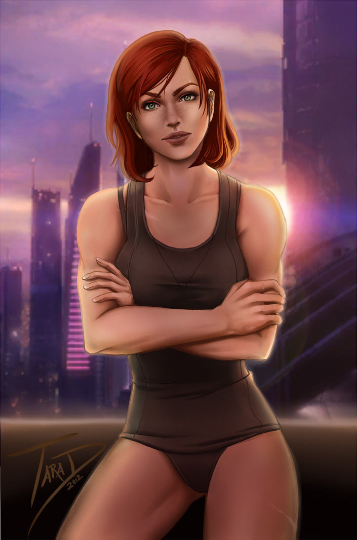 artist request, commander shepard, mass effect, 2012, artist signature, 1girls, bra strap, city, city background, cityscape, crossed arms, green eyes, looking at viewer, muscular, muscular female, panties, red hair, short hair, solo, solo female, solo focus, sunlight, sunset, tank top, thighs, 