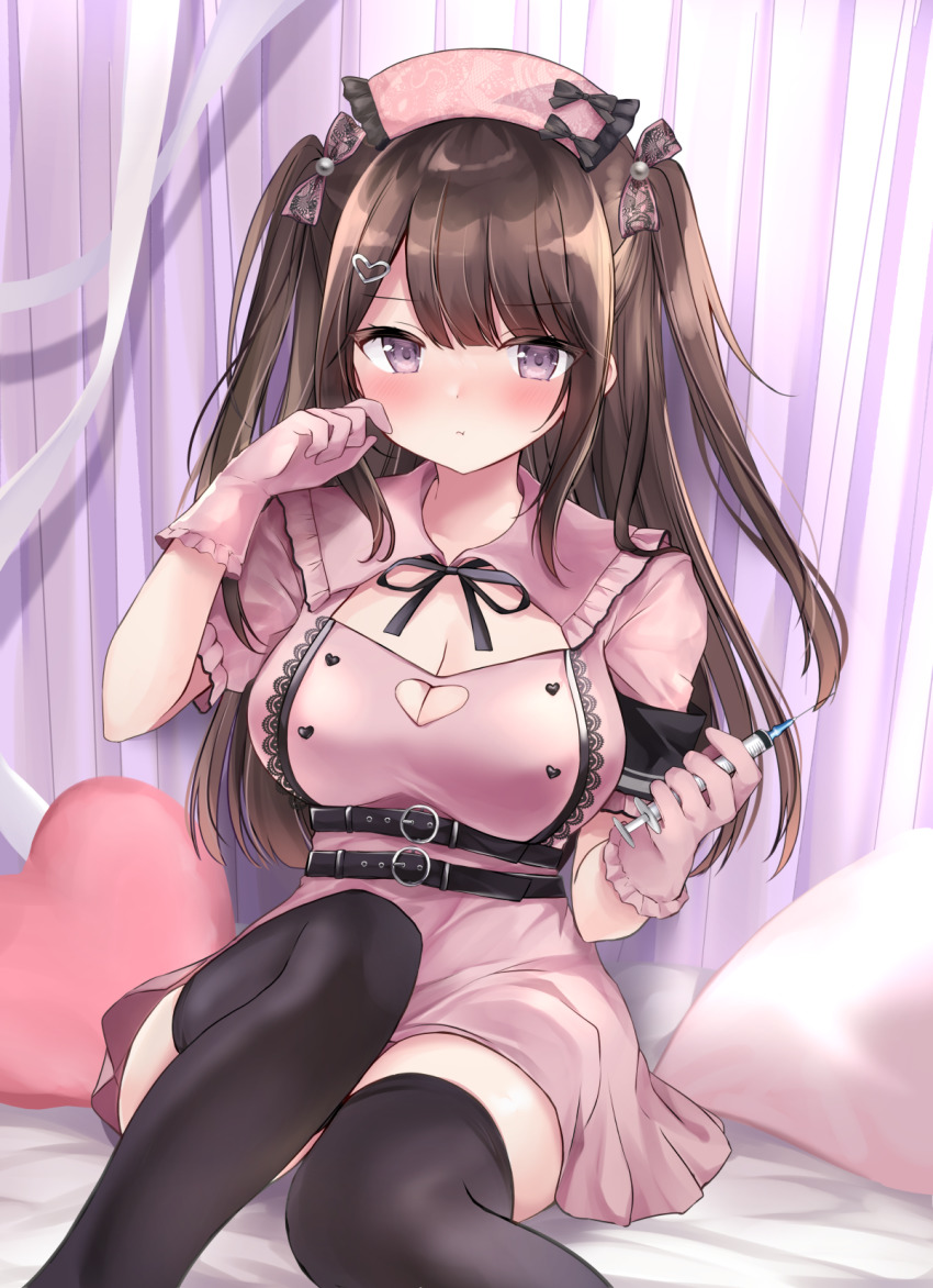 masayo (gin no ame), original, armband, bed, black thighhighs, bow in hair, breasts, brown hair, female, gloves, heart-shaped boob window, heart-shaped pillow, heart hair ornament, holding syringe, large breasts, needle, nurse, nurse cap, nurse uniform, pillows, pink eyes, pink gloves, pout, short sleeves, syringe, thighhighs, twintails, 