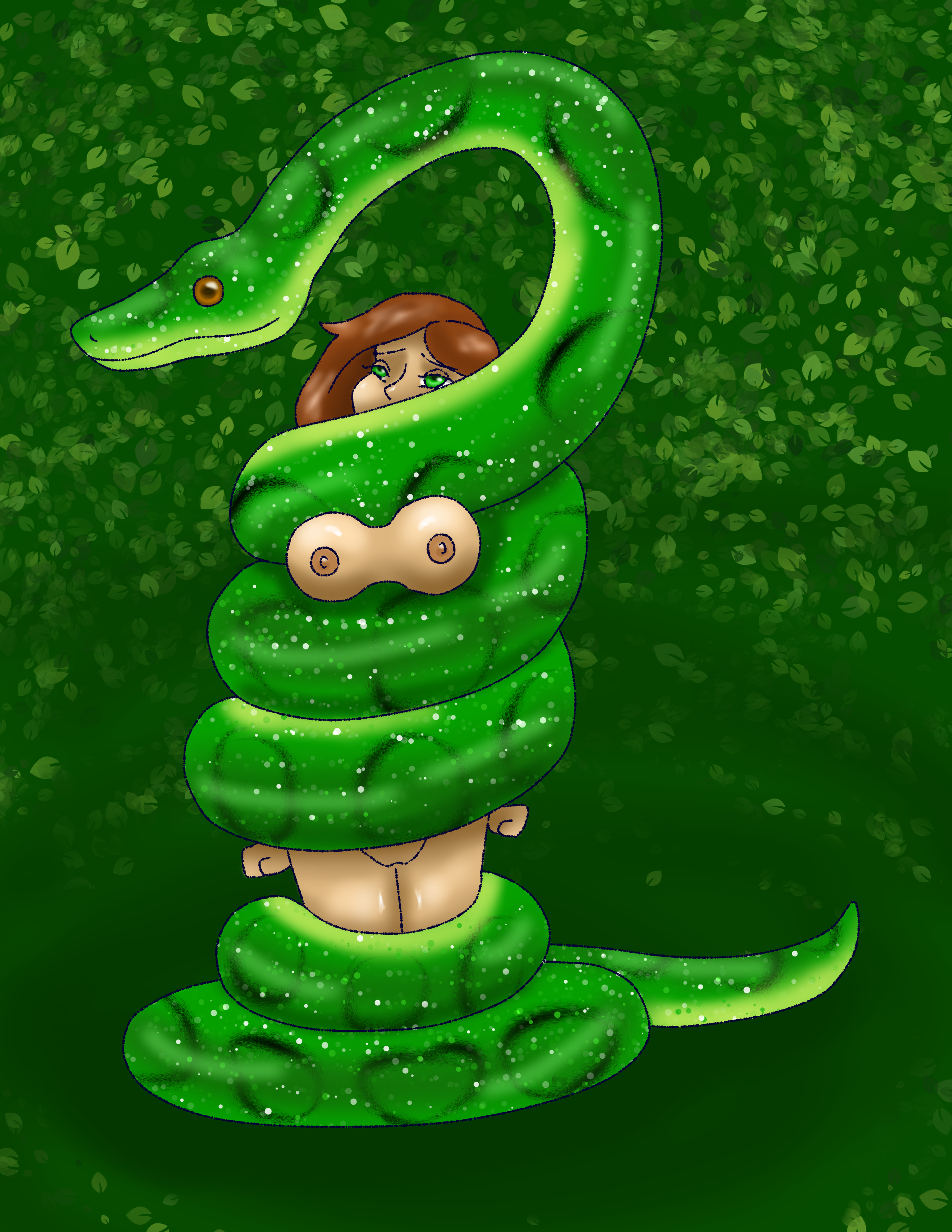 big breasts, breasts, female, naked, snake, squeezing.
