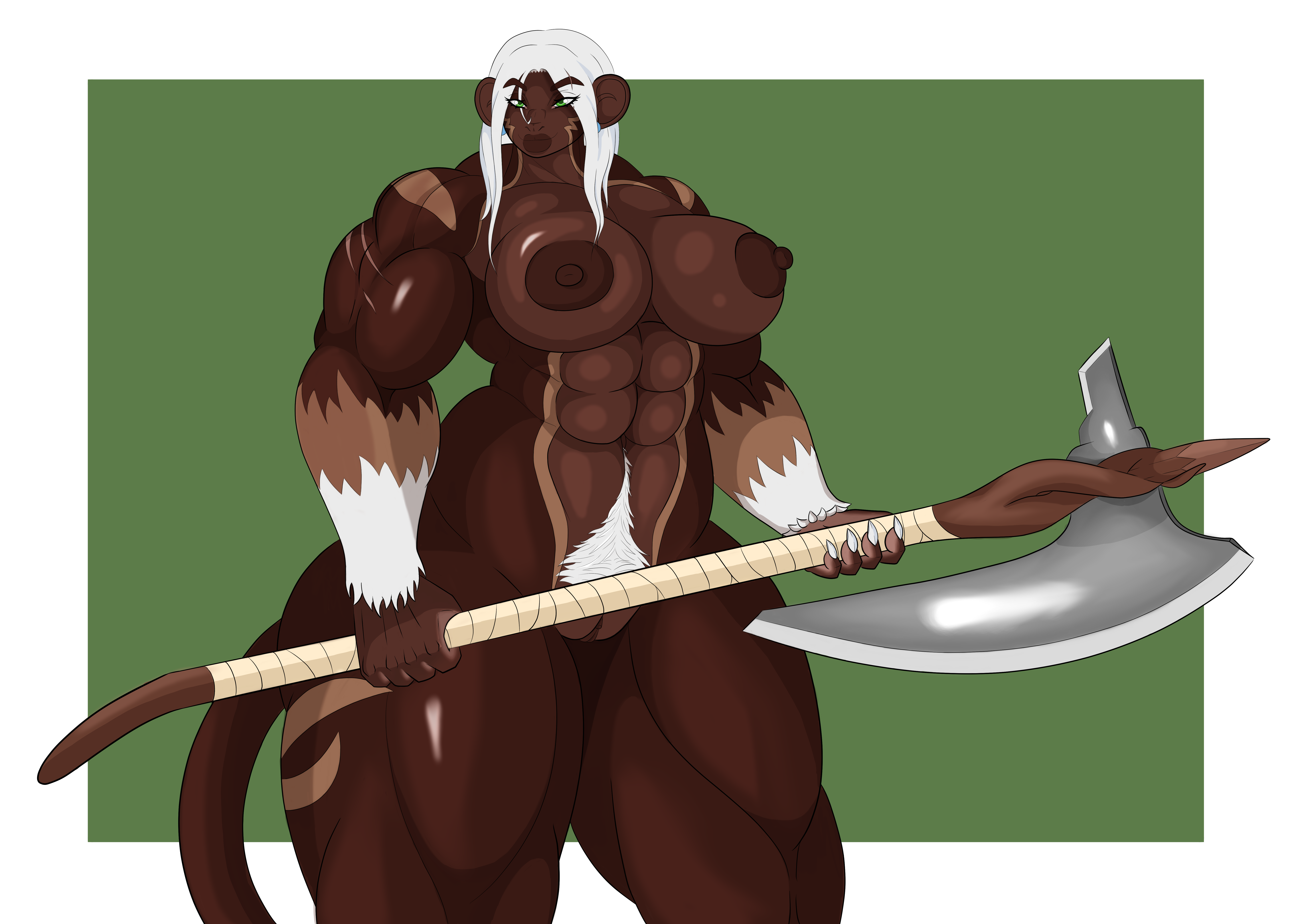 abs absurd_res anthro arm_scar axe battle_axe bearded_axe biceps big_breasts big_muscles body_hair breasts brown_body brown_fur claws colored_nails dark_body dark_nipples dark_skin ear_piercing ear_ring facial_scar female fur genitals green_eyes hair haplorhine happy_trail hi_res huge_breasts huge_muscles huge_thighs long_hair long_tail mammal melee_weapon monkey multicolored_body multicolored_fur muscular muscular_arms muscular_female muscular_thighs nails nude piercing prehensile_tail primate pubes ring_piercing scar sharp_teeth solo tail tan_body tan_fur teeth thick_thighs two_tone_hands vulva weapon white_body white_fur white_hair white_nails ysira ysirieanart