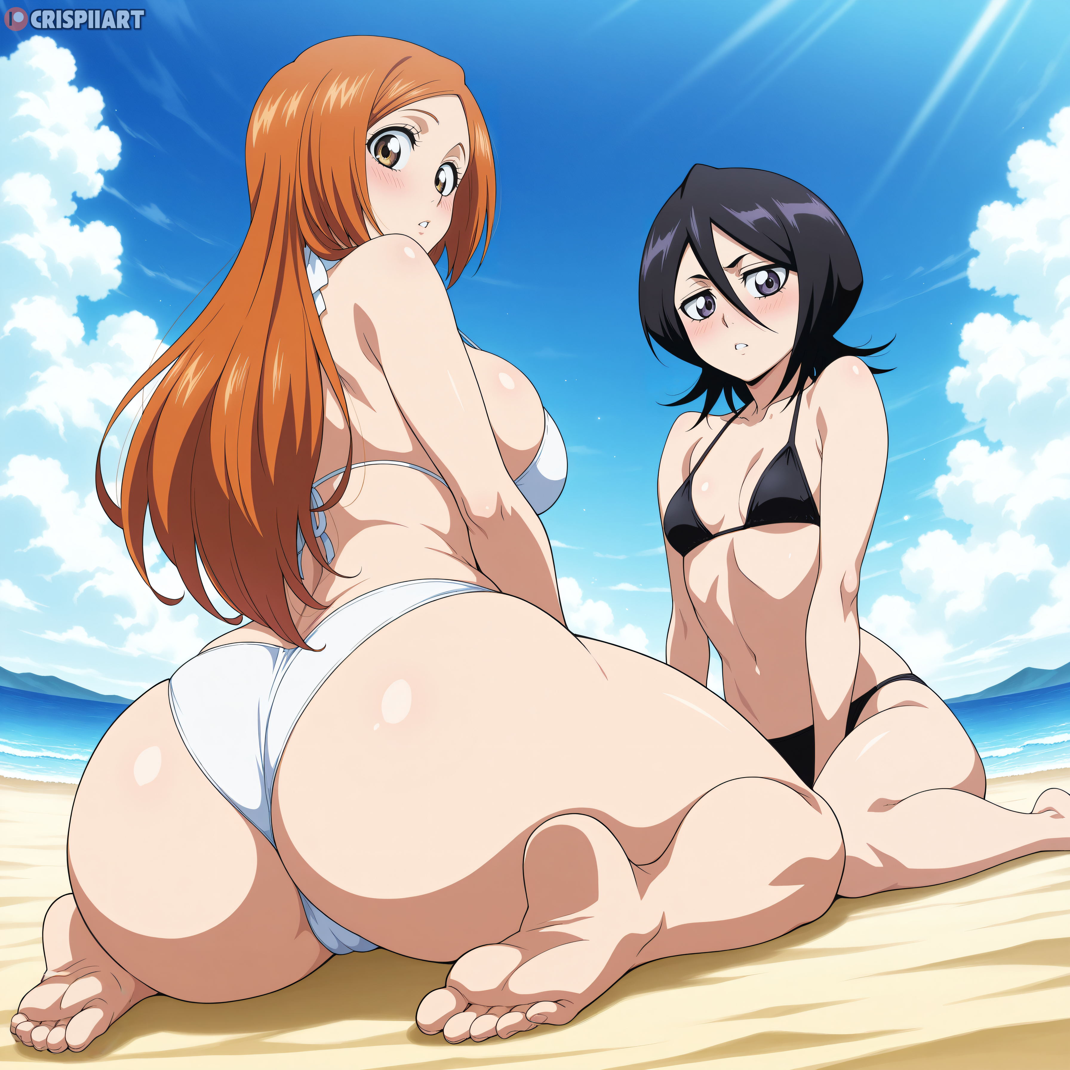 2d 2d_(artwork) 2girls absurd_res ai_assisted ai_generated ass beach big_breasts bikini bikini_bottom bikini_top black-haired_female black_hair bleach bleach:_the_thousand-year_blood_war breasts clothing crispiiart dat_ass female female/female female_focus female_only highres inoue_orihime kuchiki_rukia light-skinned_female light_skin looking_at_viewer looking_back ocean orange-haired_female orange_hair patreon patreon_link patreon_logo patreon_url patreon_username sitting upscaled watermark