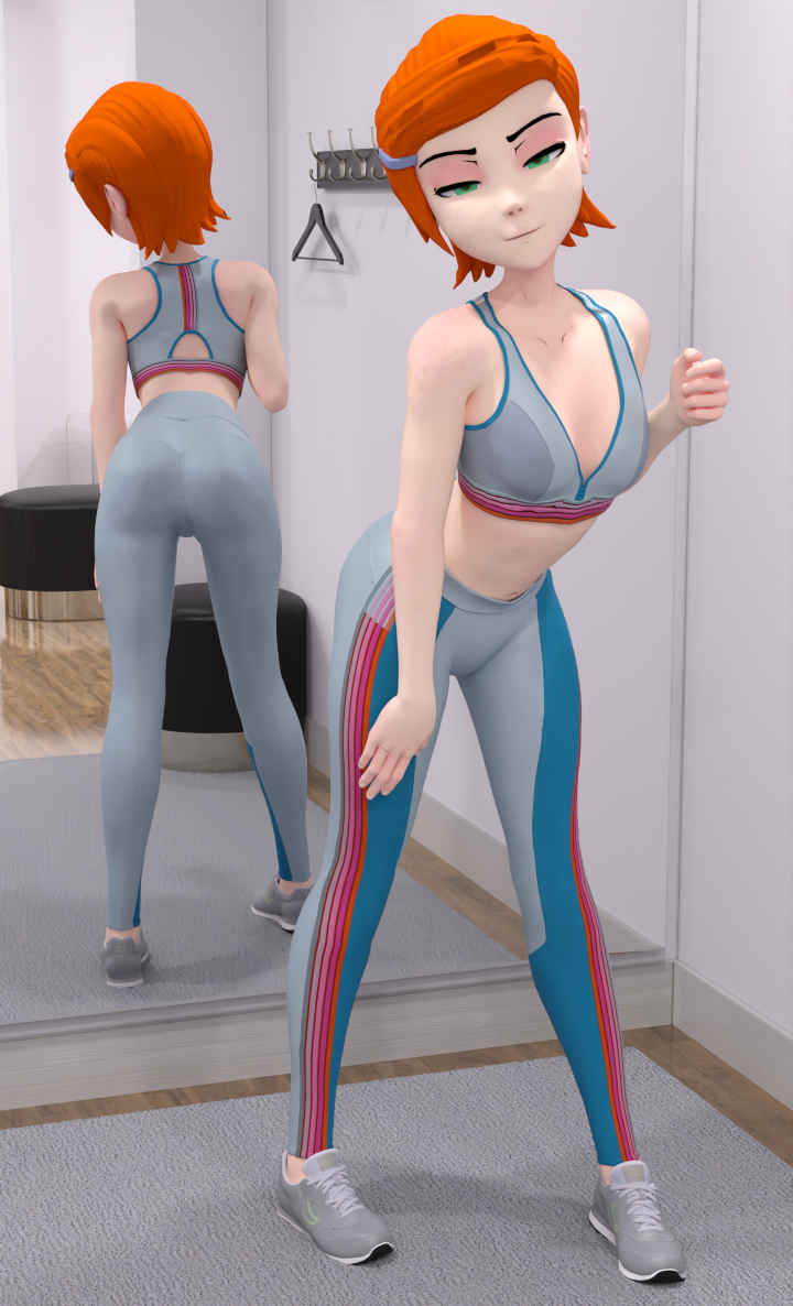 gwen tennyson, ben 10, cartoon network, 3d, 3d (artwork), daz3d, daz studio, pose, mirror, posing, sports bra, sportswear, 