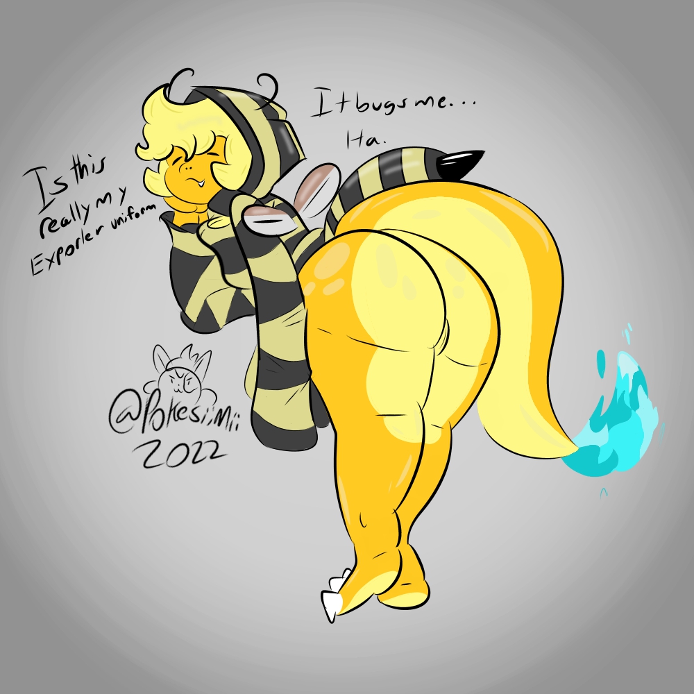 charmander, nintendo, simple background, 2022, antennae (anatomy), anthro, arthropod, ass, bee, bee costume, blonde hair, blue fire, breast squish, breasts, claws, clothing, colored fire, dialogue, embarrassed, female, fire, flaming tail, genitals, gradient background, hair, humor, hymenopteran, insects, orange body, pattern clothing, pattern topwear, pokemon, pokesiimii, presenting, presenting hindquarters, pun, pussy, signature, solo, squish, stinger (anatomy), sunny (pokesiimii), thick thighs, topwear, video games, wings, 