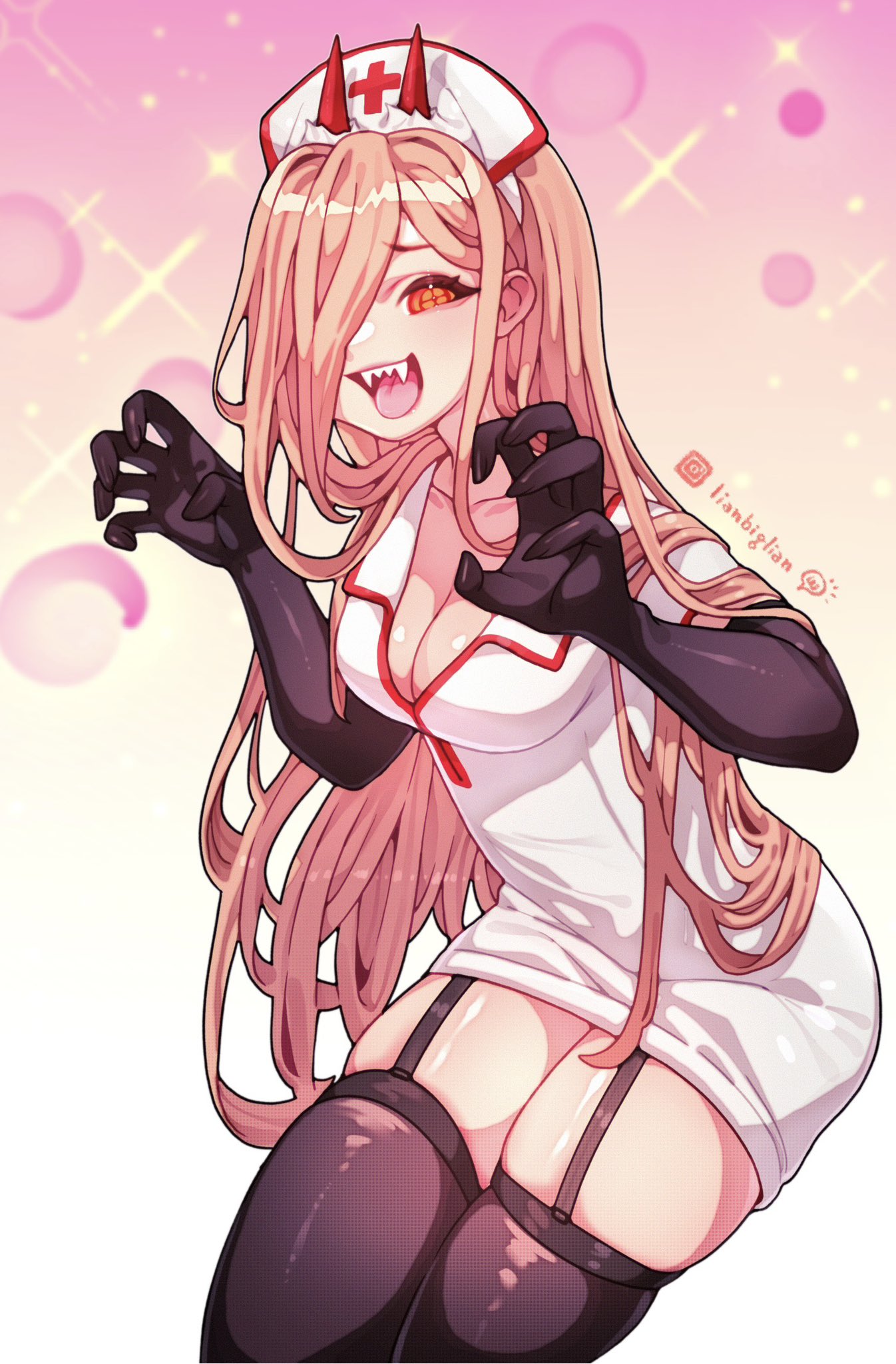 power (chainsaw man), chainsaw man, tagme, breasts, cleavage, dress, gloves, hat, headgear, horns, leaning forward, long hair, nurse, nurse cap, nurse uniform, orange eyes, pink hair, sharp teeth, smile, stockings, thighs, tongue, wide hips, 