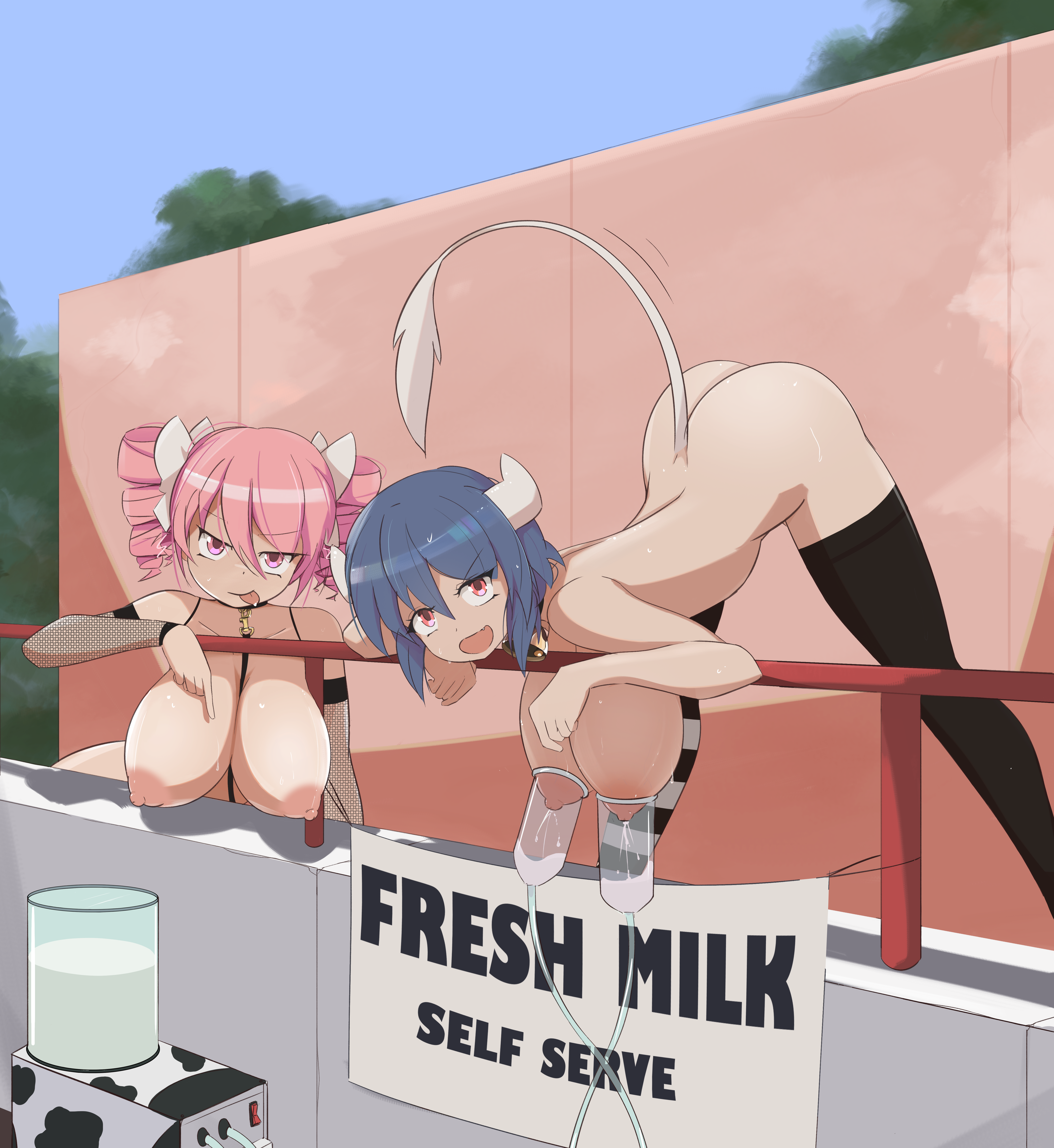 2girls absurdres ass bell blue_hair breasts closed_mouth cow_girl cow_horns cow_tail cowbell drill_hair hair_ribbon highres horns jashin-chan_dropkick lactation large_breasts looking_at_viewer milking_machine minos_(jashin-chan_dropkick) minos_drawfag multiple_girls neck_bell nipple_piercing nipples non-web_source nude oerba_yun_fang open_mouth outdoors piercing pink_eyes pink_hair pino_(jashin-chan_dropkick) red_eyes ribbon short_hair sky smile tail thighhighs tongue tongue_out twin_drills