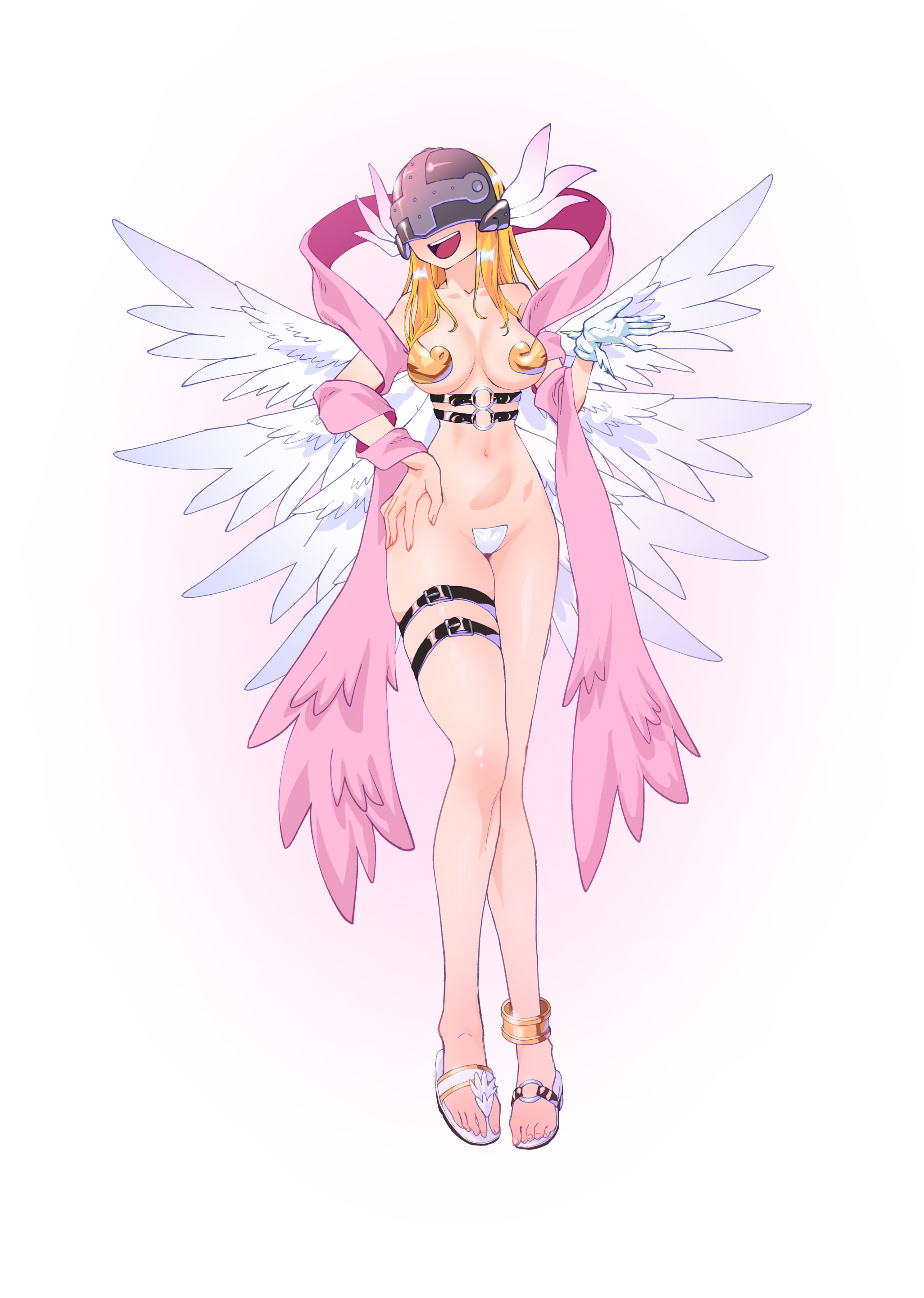 1girls 2d angel angel_girl angewomon asymmetrical_clothes bare_shoulders big_breasts blonde_hair breasts collarbone covered_eyes digimon digimon_(species) digimon_adventure digital_media_(artwork) female female_only gerusyu gloves head_wings helmet helmet_over_eyes highres large_breasts light-skinned_female light_skin looking_at_viewer maebari revealing_clothes shiny_skin simple_background skimpy_clothes smile wrist_wings