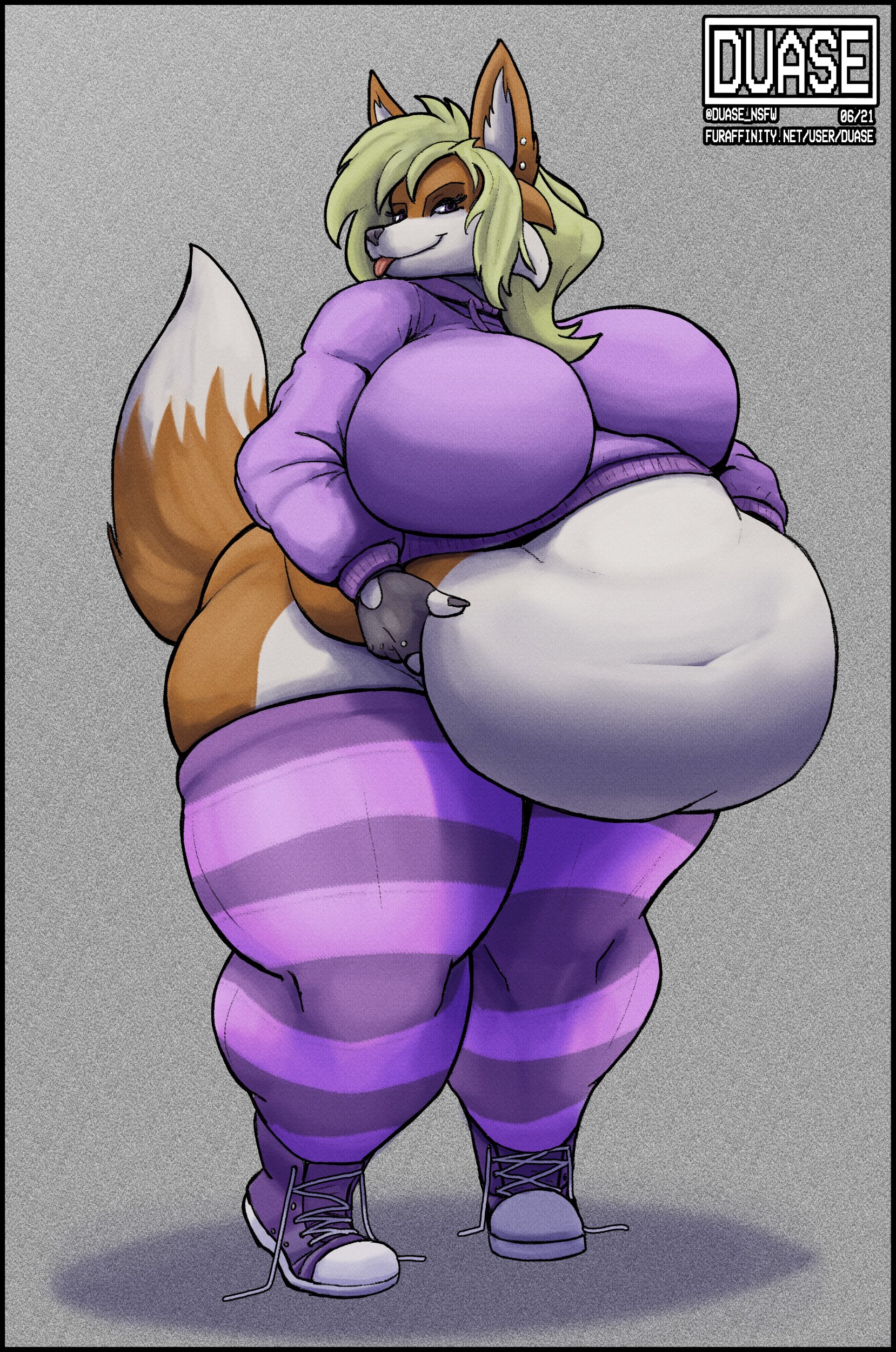 absurd res, colored, digital media (artwork), hi res, shaded, text, url, 2021, anthro, artist name, belly, big belly, big breasts, blep, blonde hair, breasts, canid, canine, clothing, countershade face, countershade torso, countershading, dipstick tail, duase, female, fingerless gloves, footwear, fox, fur, gloves, grey nose, hair, handwear, holding belly, hoodie, huge breasts, huge thighs, legwear, looking at viewer, mammal, markings, midriff, morbidly obese, morbidly obese anthro, morbidly obese female, navel, obese, obese anthro, obese female, orange body, orange fur, overweight, overweight anthro, overweight female, pattern clothing, pattern legwear, pattern thigh highs, purple clothing, purple eyes, purple footwear, purple legwear, purple shoes, purple thigh highs, purple topwear, shoelaces, shoelaces untied, shoes, solo, striped clothing, striped legwear, striped thigh highs, stripes, tail markings, thick thighs, thigh highs, tongue, tongue out, topwear, white body, white fur, wide hips, 