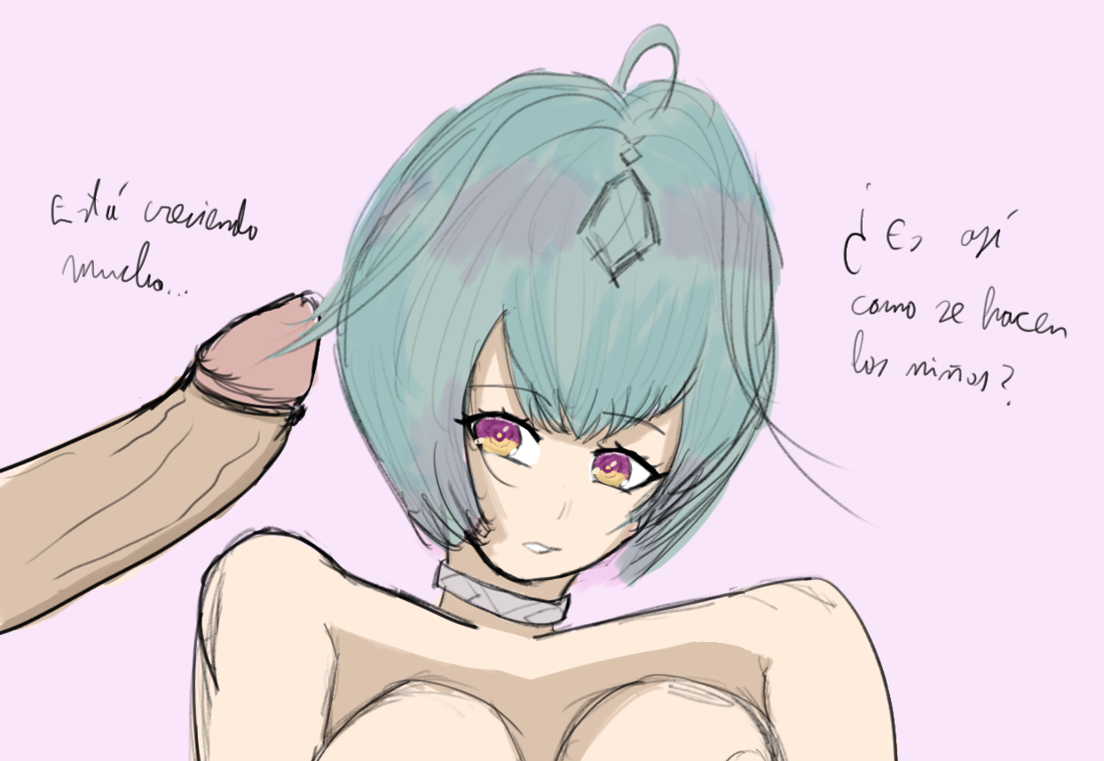 nintendo, text, translation request, 1boy, 1girls, breasts, collar, completely nude, female, green hair, impregnation request, large breasts, male, multicolored hair, nude, nude female, penis, pepimanoli, pink eyes, seidr (fire emblem), short hair, solo focus, uncensored, yellow eyes, 