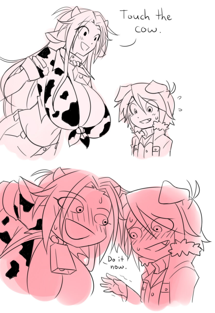 matsu-sensei, mattie (matsu-sensei), mutt matt (natsu-sensei), meme, text, big breasts, blush, breasts, cleavage, cow bell, cow ears, cow girl, cow horns, cow print, dog ears, female, horns, male, touch the cow do it now, 