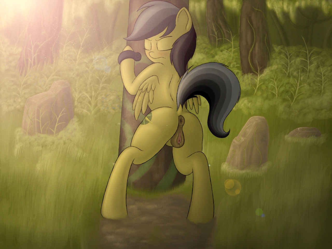 007delta, daring do (mlp), friendship is magic, my little pony, 2016, animal genitalia, animal pussy, anus, ass, blush, bondage, bound, brown feathers, closed eyes, cutie mark, equine, equine pussy, feathered wings, feathers, female, feral, forest, fur, grey hair, hair, mammal, nature, outside, pegasus, pussy, rock, solo, tree, wings, 