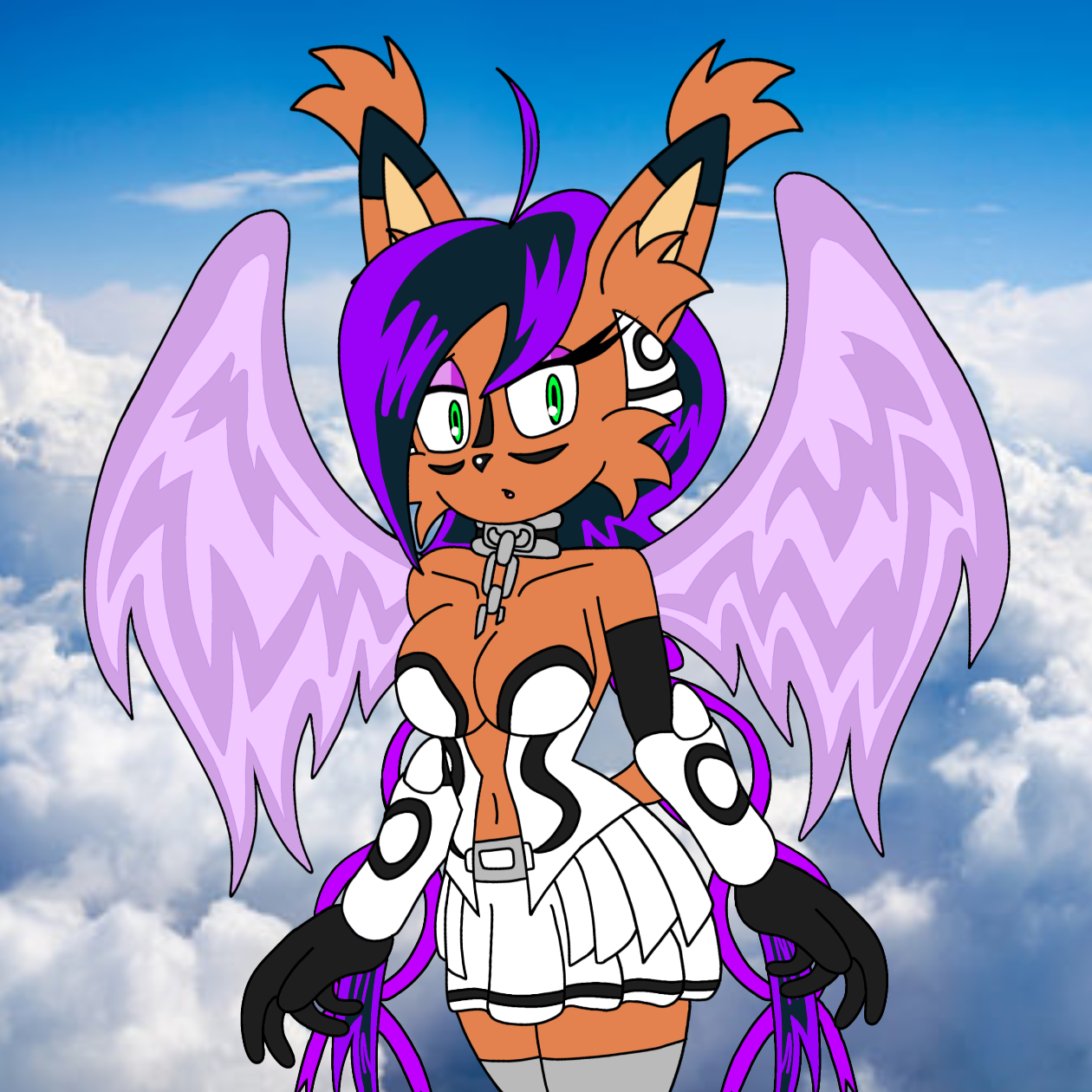 ikaros, nicole the lynx, sonic (series), sonic the hedgehog (archie), sonic the hedgehog (comics), sonic the hedgehog (series), sora no otoshimono, crossover, android, angeloid, belly button, breasts, choker, choker chain, cleavage, collar, collar and leash, crossover cosplay, cyborg, flying, heavens lost property, lynx, mobian (species), mobian cat, mobian lynx, navel, pigtails, skirt, sky, titties, wings, 