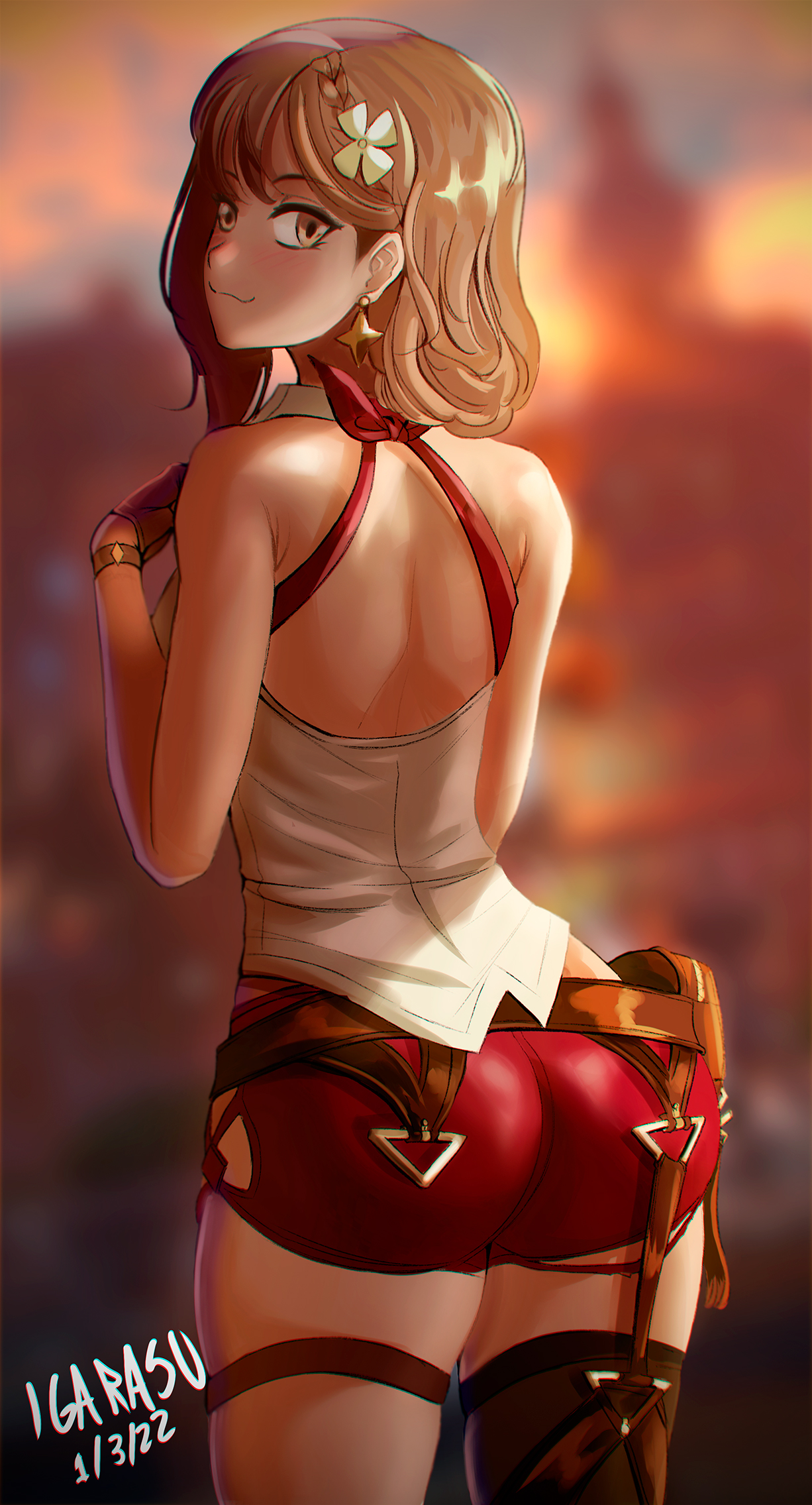 reisalin stout, atelier (series), atelier ryza, tagme, 1girls, ass, atelier ryza 2, from behind, hair ornament, igarasu, shorts, smile, thick thighs, thighs, 