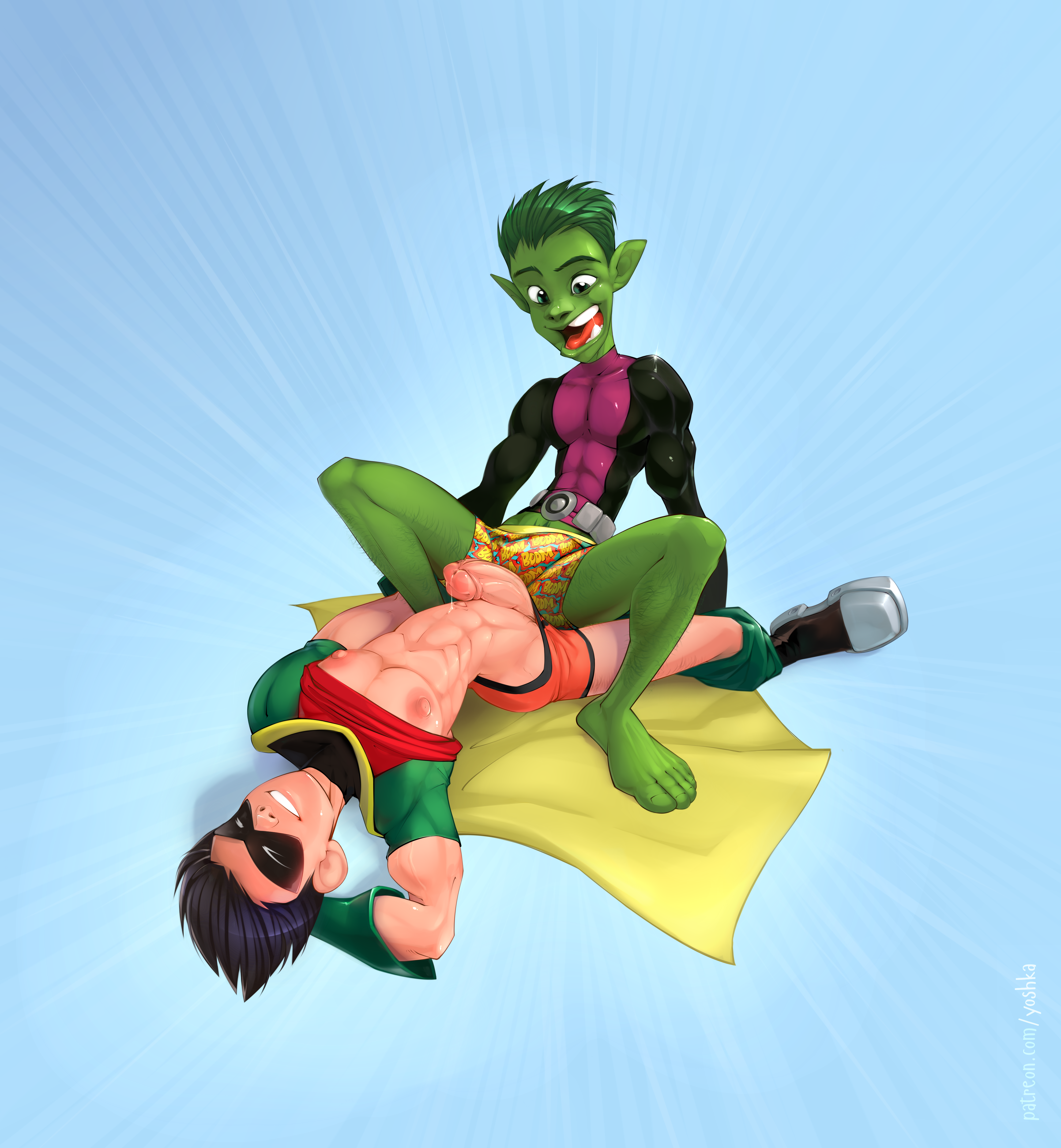yoshka, beast boy, dick grayson, robin (dc), dc, teen titans, 2boys, black hair, duo, gay, green eyes, green skin, male, male only, penis, yaoi, 