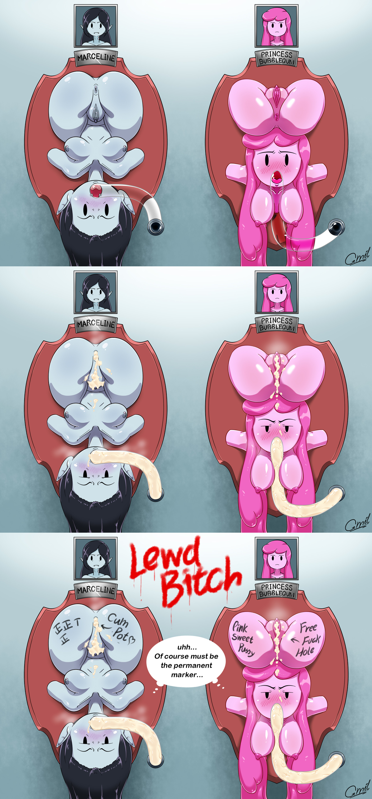 adventure_time ass bondage breasts cum cum_drinking cum_dripping_out_of_pussy cum_feeding cum_in_ass cum_in_mouth cum_swallow display enslaved_royal feeding_tube female femsub gmil green_skin grey_body living_trophy marceline multiple_females multiple_girls multiple_subs pink_body pink_skin princess princess_bubblegum pussy restrained royalty trophy trophy_wall writing_on_body