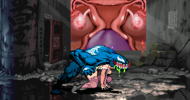 1boy 1girls alien animated capcom clothed clothed_sex crossover darkstalkers demon doggy_style eastern_and_western_character eddie_brock female green_hair internal internal_view m.u.g.e.n male marvel marvel_comics marvel_vs._capcom morrigan_aensland outdoors public public_sex size_difference spider-man_(series) sprite succubus venom_(marvel)