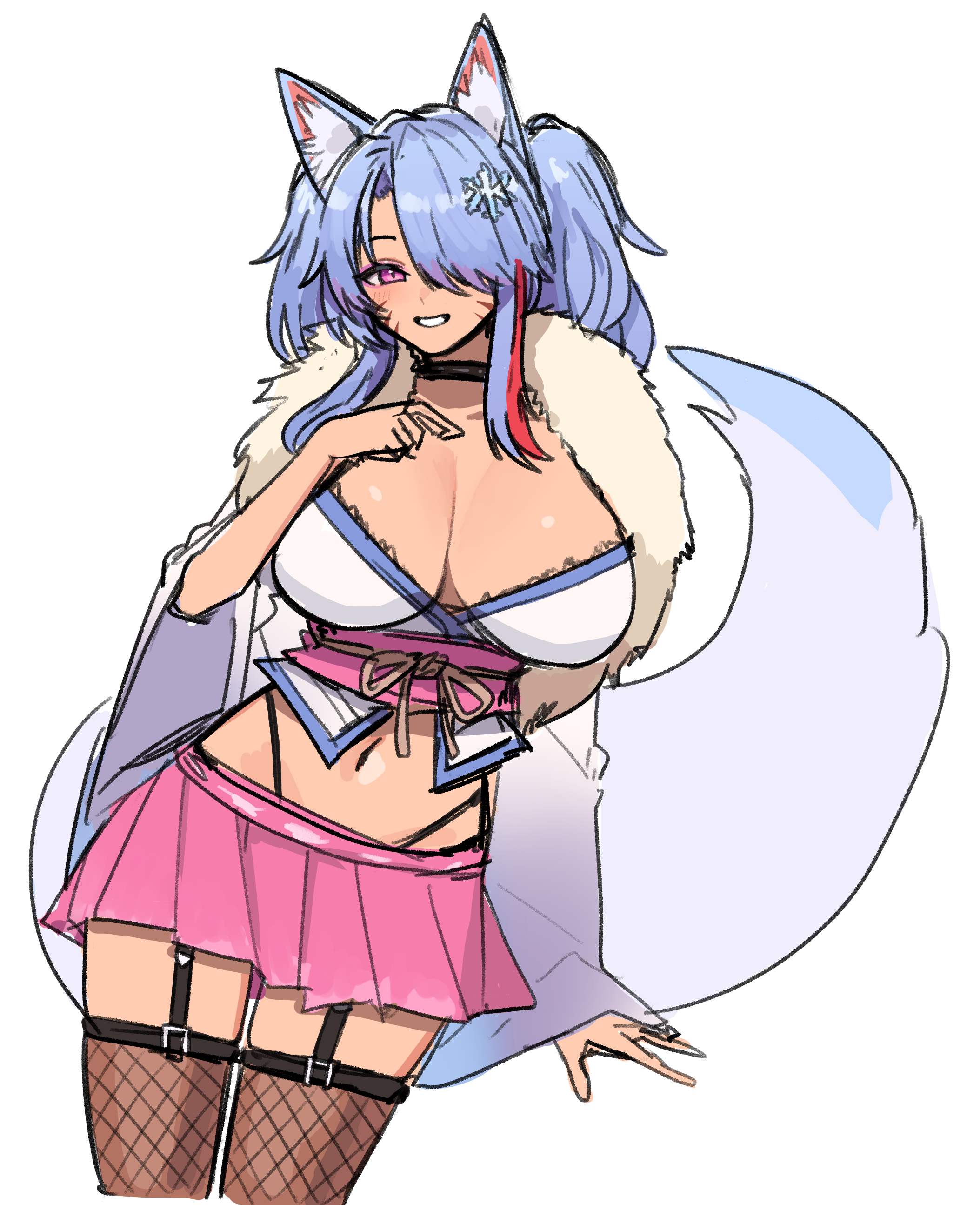 1girls animal_ears bimbo blue_hair collar female female_only fishnets fluffy_tail fox_ears fur_lined_clothing gyaru kemonomimi kuromaru_(original_character) kurowanjjyang revealing_clothes short_skirt skirt snowflake_hair_ornament tagme tail twintails