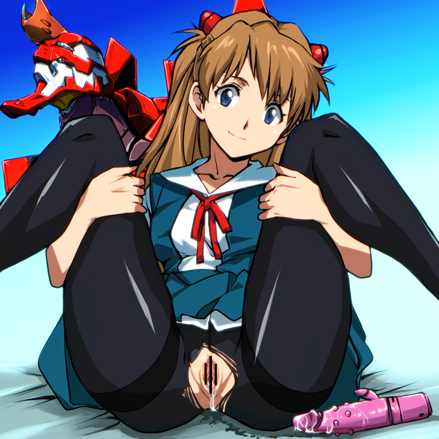 yuya, soryu asuka langley, neon genesis evangelion, censored, revision, blue eyes, blush, dildo, female, long hair, orange hair, panties, pantyhose, pussy, pussy juice, school uniform, skirt, smile, solo, spread legs, tied hair, torn clothes, torn pantyhose, twintails, underwear, 