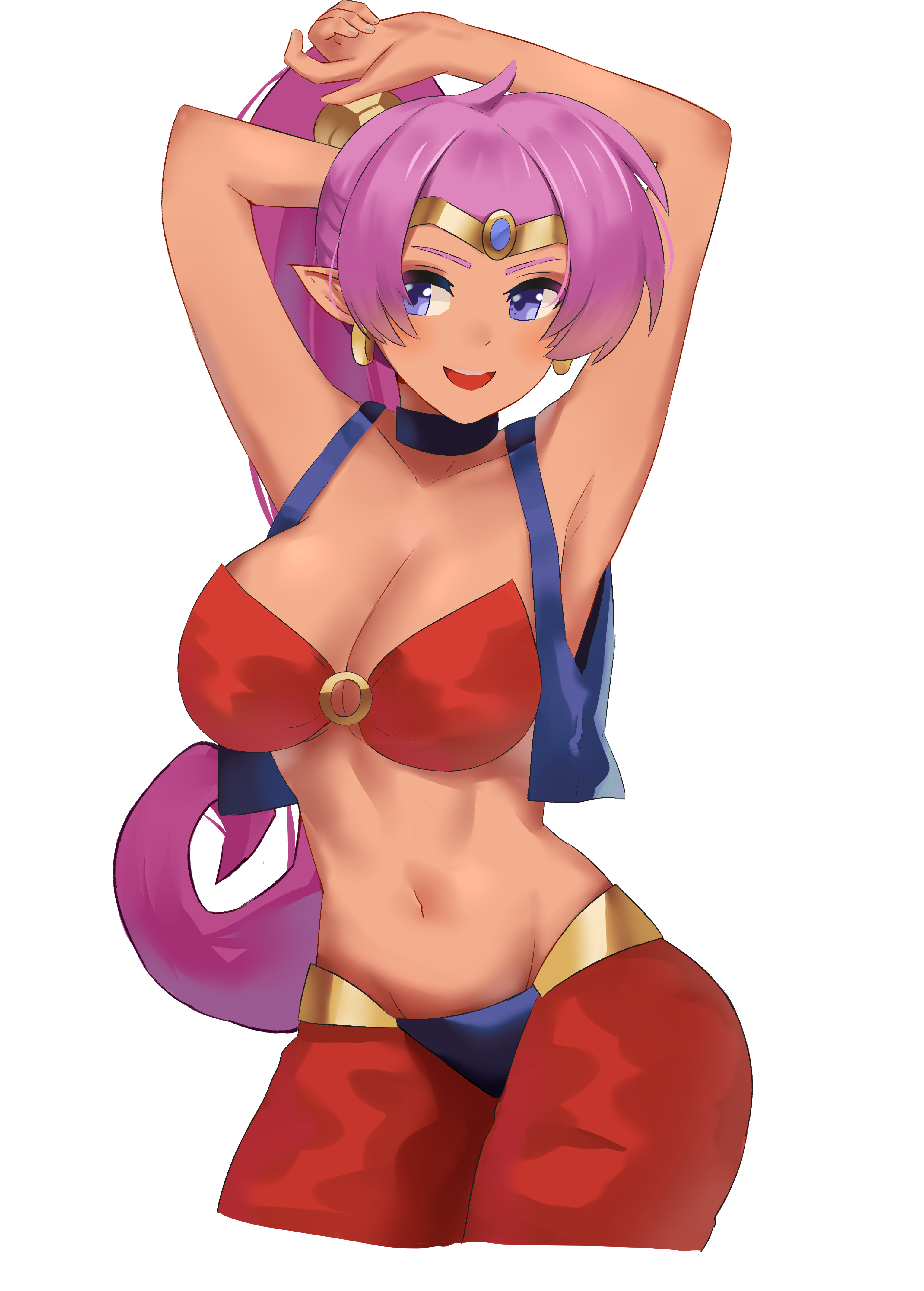 shantae (character), shantae, highres, simple background, white background, 1girls, arabian clothes, armpits, blue eyes, breasts, brown skin, cleavage, cowboy shot, dark-skinned female, dark skin, earrings, female, female only, hands above head, hands up, jewelry, long hair, looking at viewer, navel, nvl, o-ring, o-ring top, open mouth, pointy ears, ponytail, purple hair, smile, solo, tan skin, tiara, very long hair, 