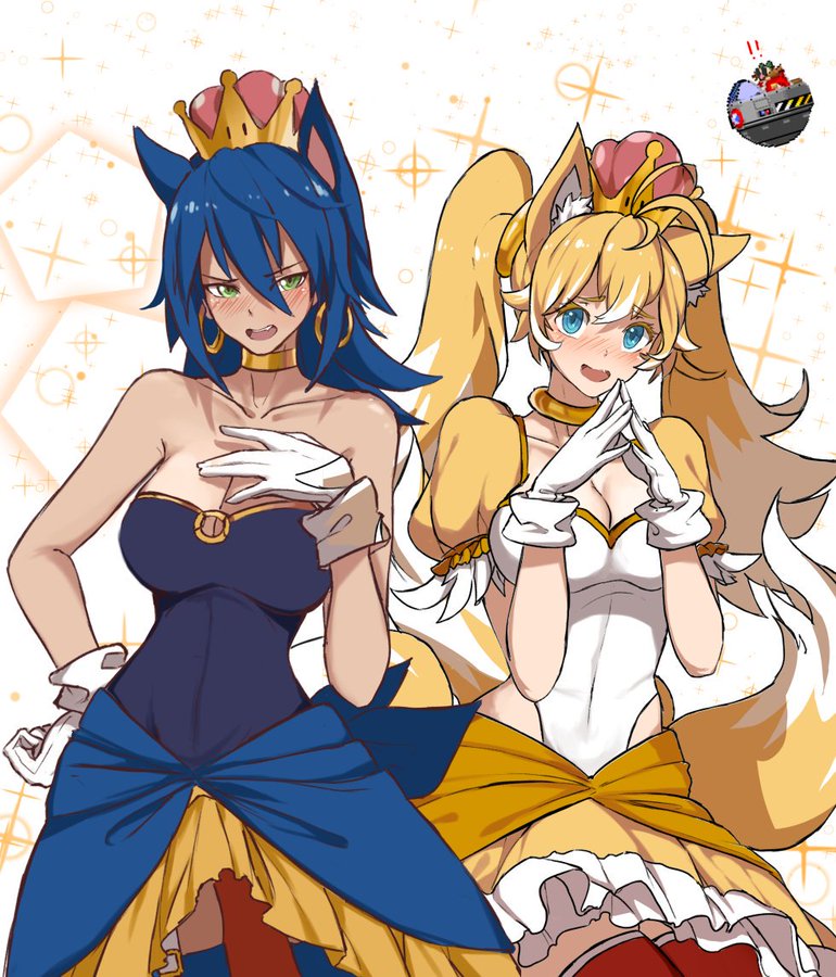 dishwasher1910, sonic the hedgehog, tails, sonic (series), sonic the hedgehog (series), 2girls, big breasts, blonde hair, blue eyes, blue hair, blush, cat ears, crown, cute, earrings, white dress, 