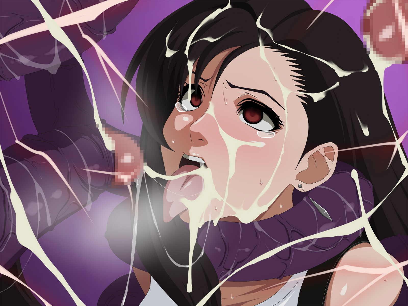 ip, tifa lockhart, final fantasy, final fantasy vii, censored, highres, brown eyes, brown hair, circle ip, cum, cum in mouth, cum on hair, cum on tongue, cum string, cumdrip, earrings, ejaculation, facial, female, human, jewelry, long hair, open mouth, penis, rolling eyes, sweat, tear, tentacle, tongue, 