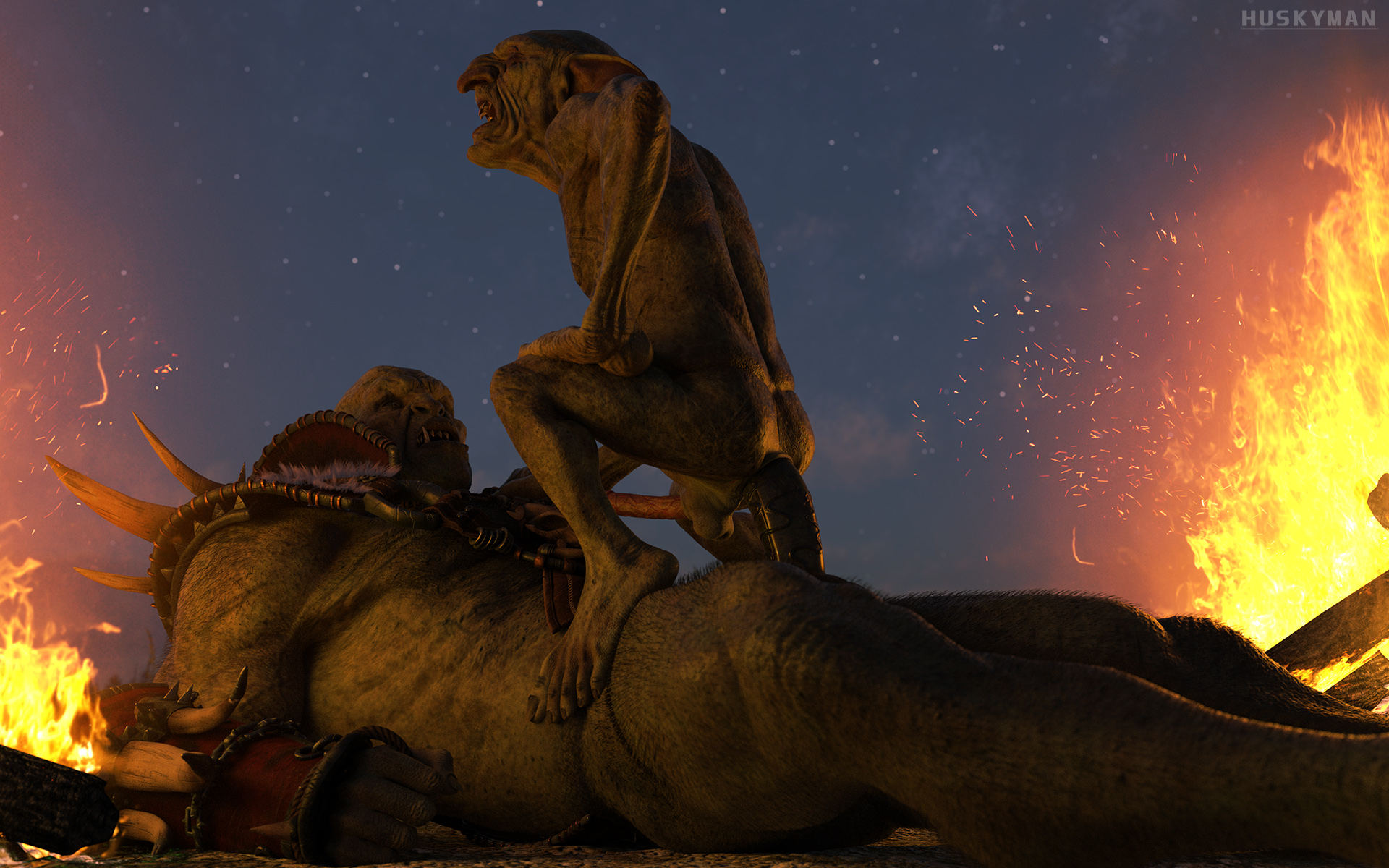 huskyman, 16:10, digital media (artwork), hi res, armor, bonfire, erection, gay, goblin, humanoid, male, male/male, medival, night, orc, penis, size difference, 